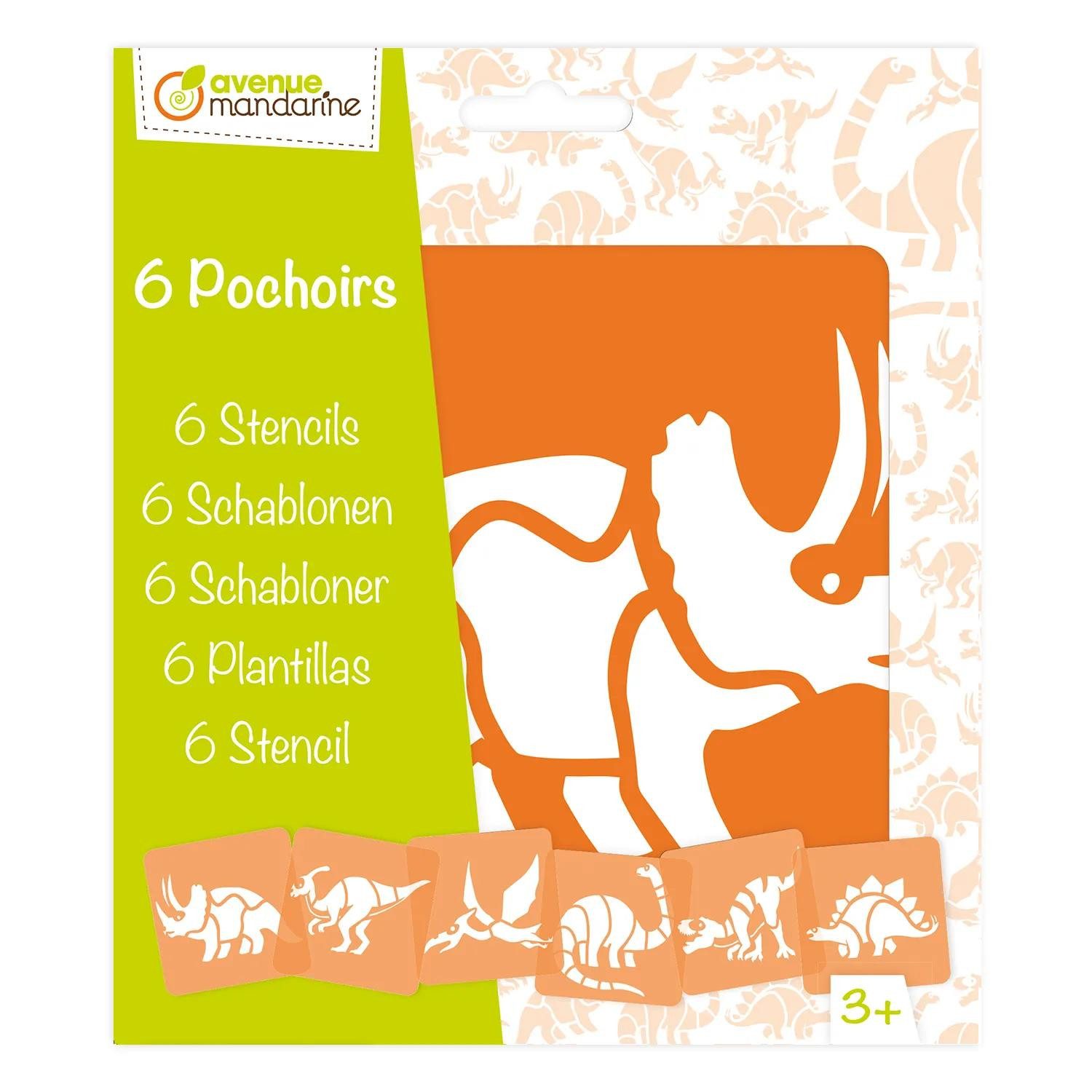 Avenue Mandarine Malschablone 3x 6 tlg Schablonenset für Kinder, Dinosaurier Orange 42449MD, My Mandarine