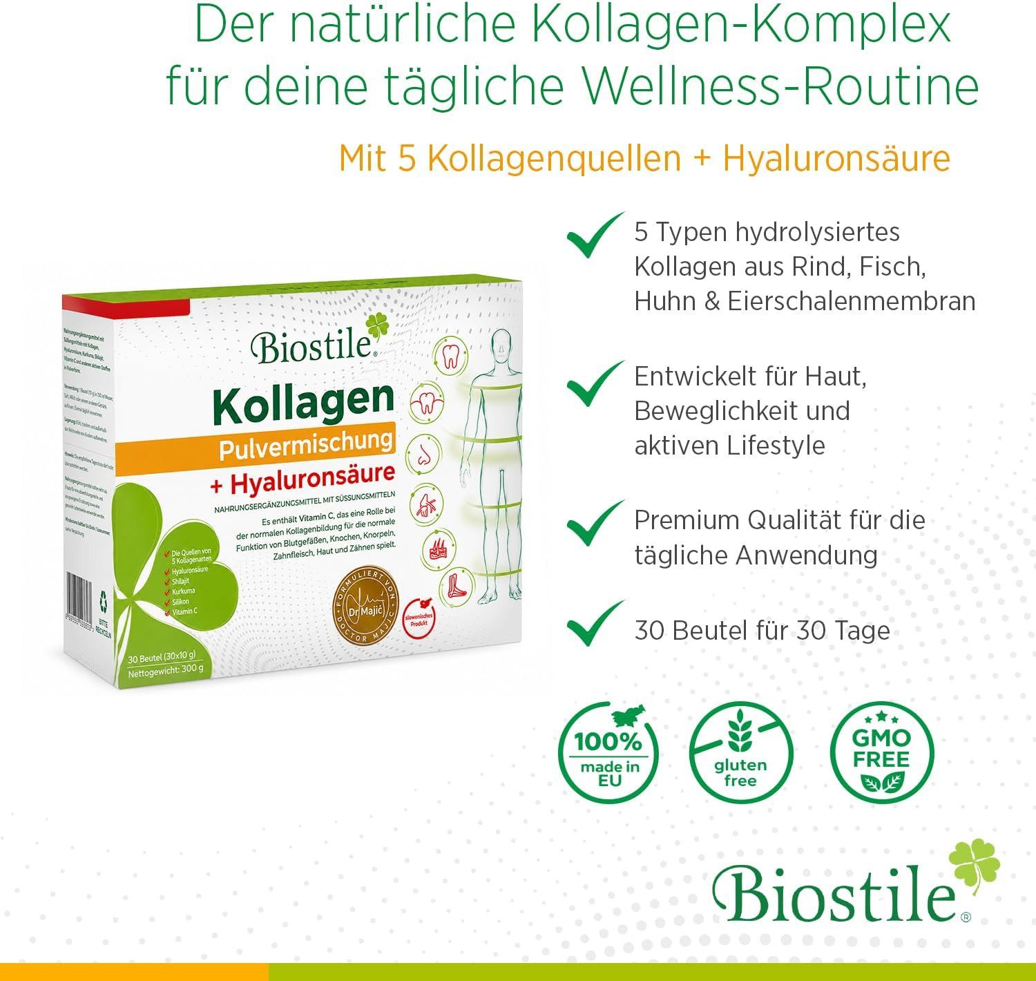 Biostile Premium Kollagen Pulver mit Hyaluron & 5Quellen für Haut Haare Nägel - Kollagenpulver, 300 g, 5 Kollagenquellen (Kollagen Typ 1,2,3), Vitamin C, Shilajit, 30 Beutel