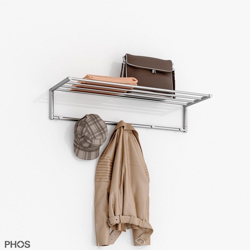 PHOS Design Wandgarderobe aus Edelstahl mit 4 Kleiderstangen und Hakenleiste (Modell: G17-500), inklusive 5 Haken - 100% Made in Germany