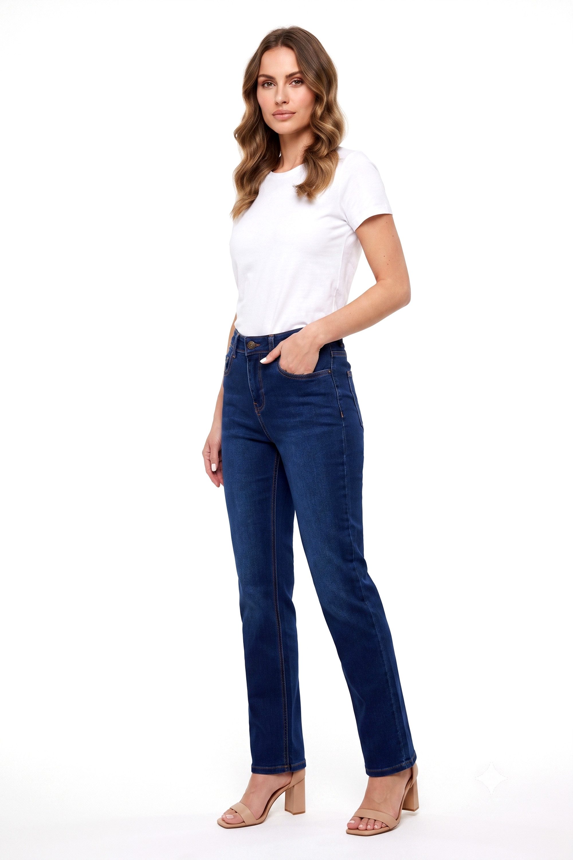 ESRA Straight-Jeans High Waist Damen Jeans Stretch Hose aus superweicher Baumwolle Straight Jeans Damen Stretch Jeanshose High Waist bis Große Größe