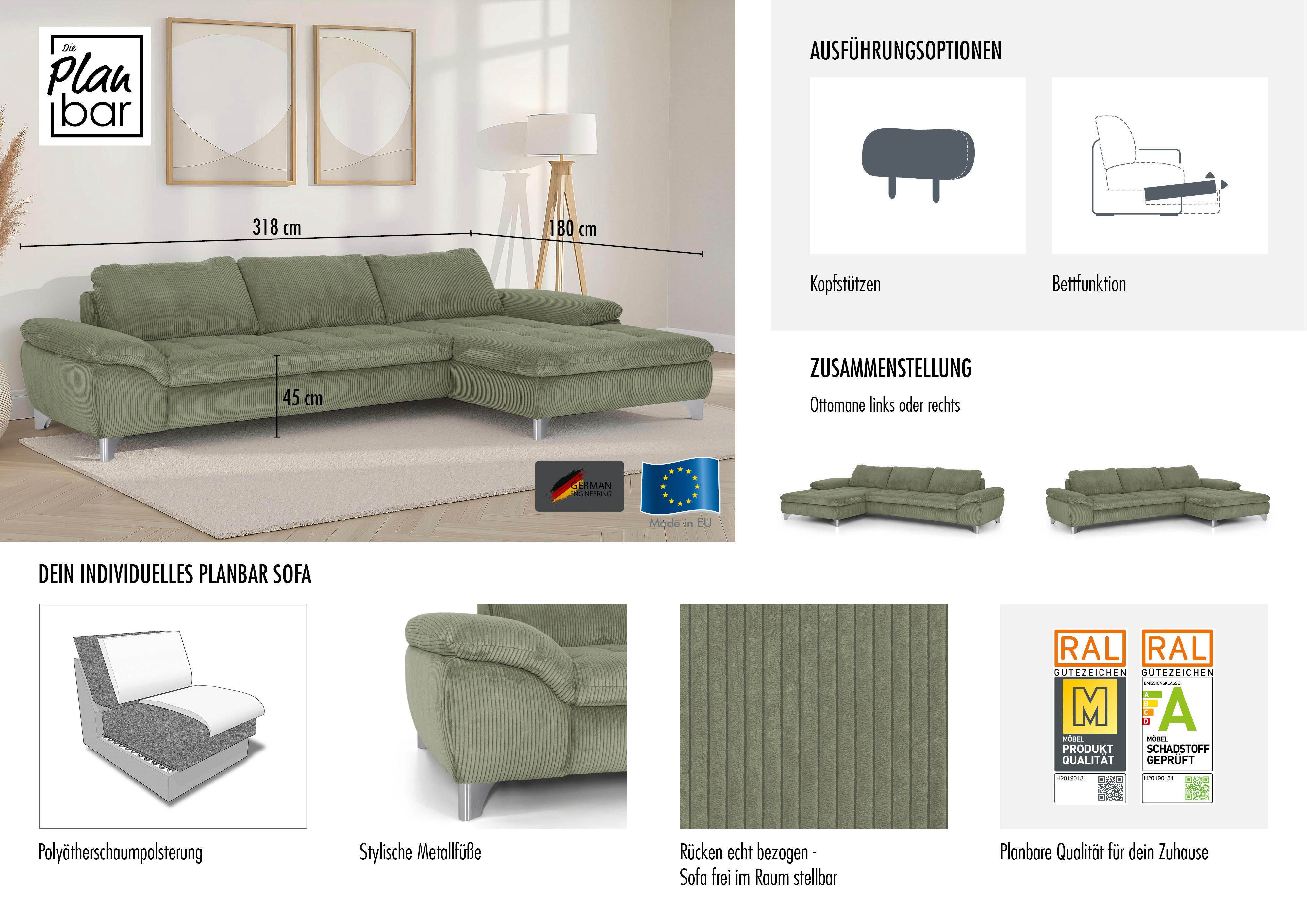 Die PlanBar Ecksofa Recamiere MP-IN14007 L-Form, Breite 318 cm, wahlweise mit Schlaffunktion und verstellbaren Kopfstützen