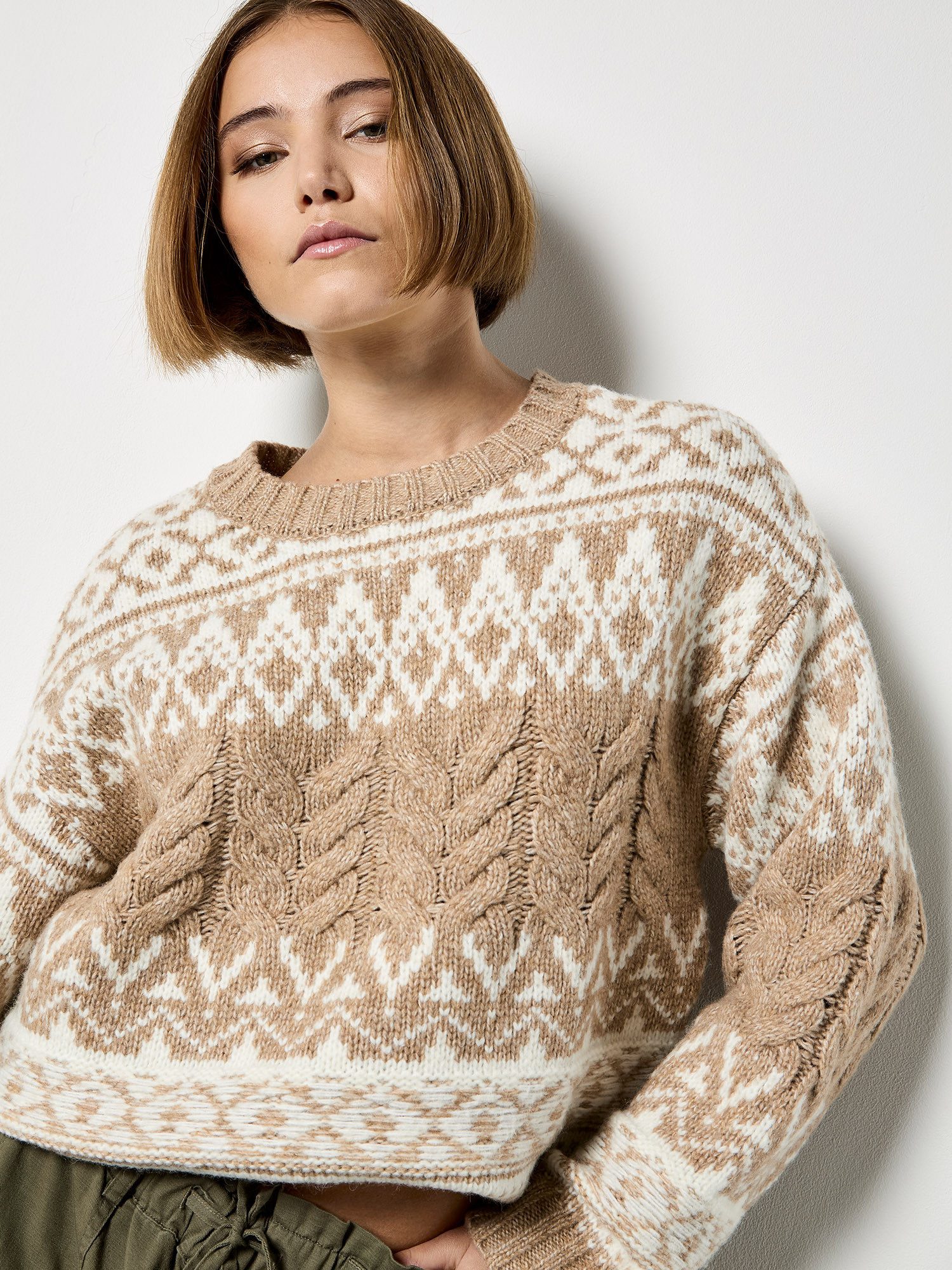 Apricot Norwegerpullover Strickpullover . im Norwegerstil mit Zopfmuster