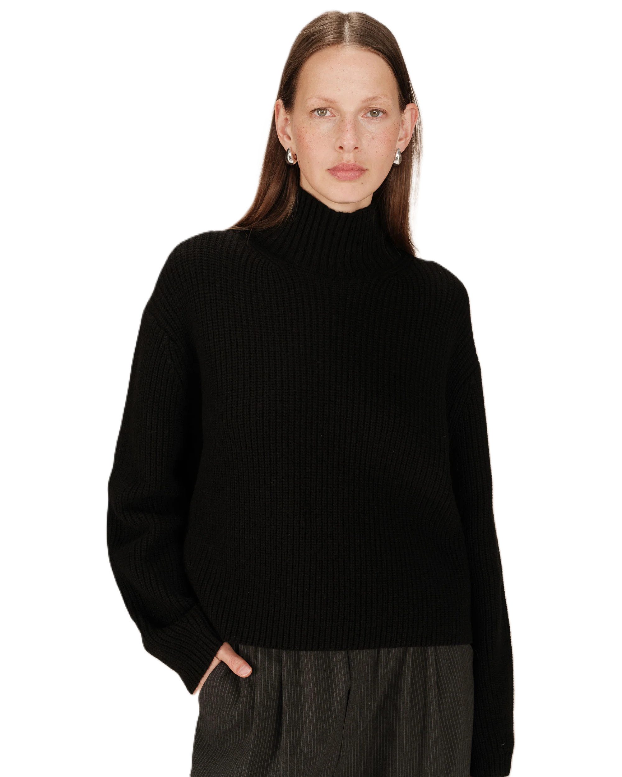 Grace & Mila Strickpullover Wool boxy sweater SAGAN ? Wollpullover ? mit hohem Kragen ? Rippstrick