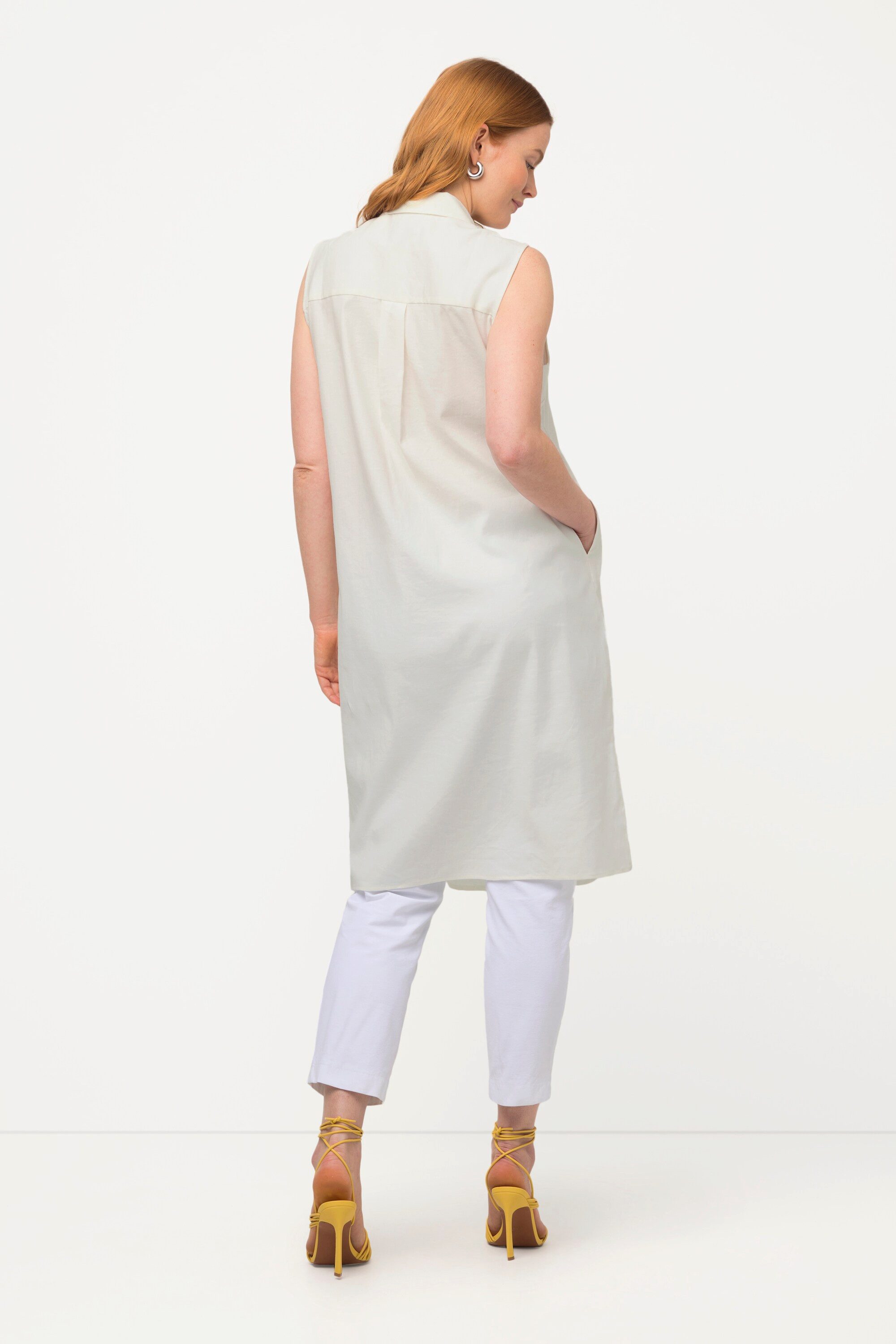 Ulla Popken Spitzenbluse Bluse Leinenmix Hemdkragen Taschen ärmellos