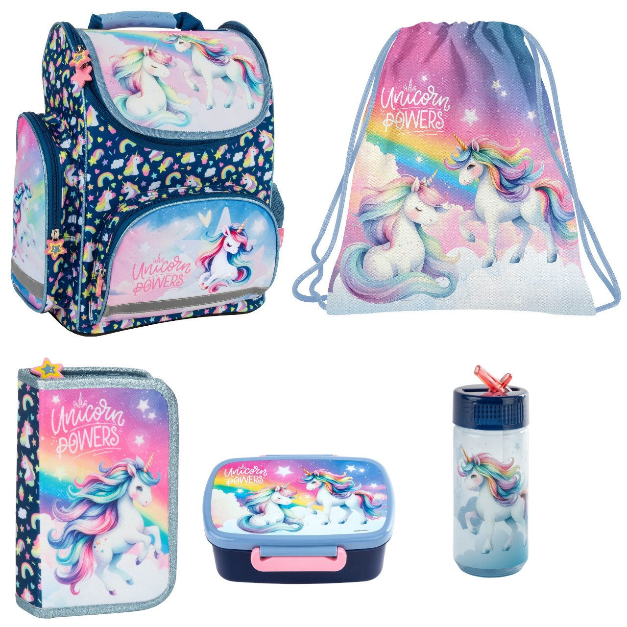 Schulranzen Einhorn Unicorn 5 tlg. Set - Tornister Federtasche Turnbeutel Brotdose