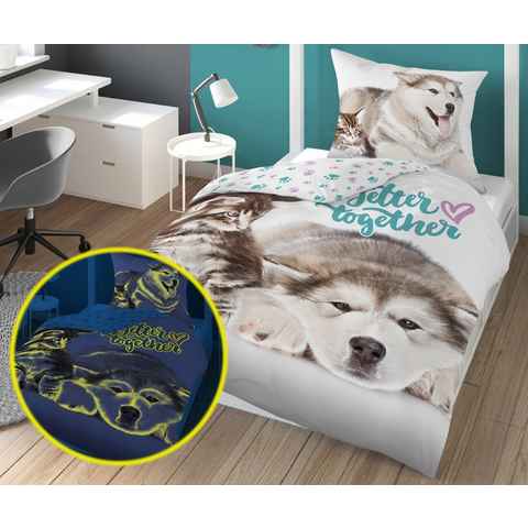Kinderbettwäsche Leuchtende Bettwäsche 135x200 cm Kinderbettwäsche Baumwolle 2er Set, Carpe Sonno, Baumwolle, 2 teilig, GLOW IN THE DARK Hund und Katzen Bettwäsche