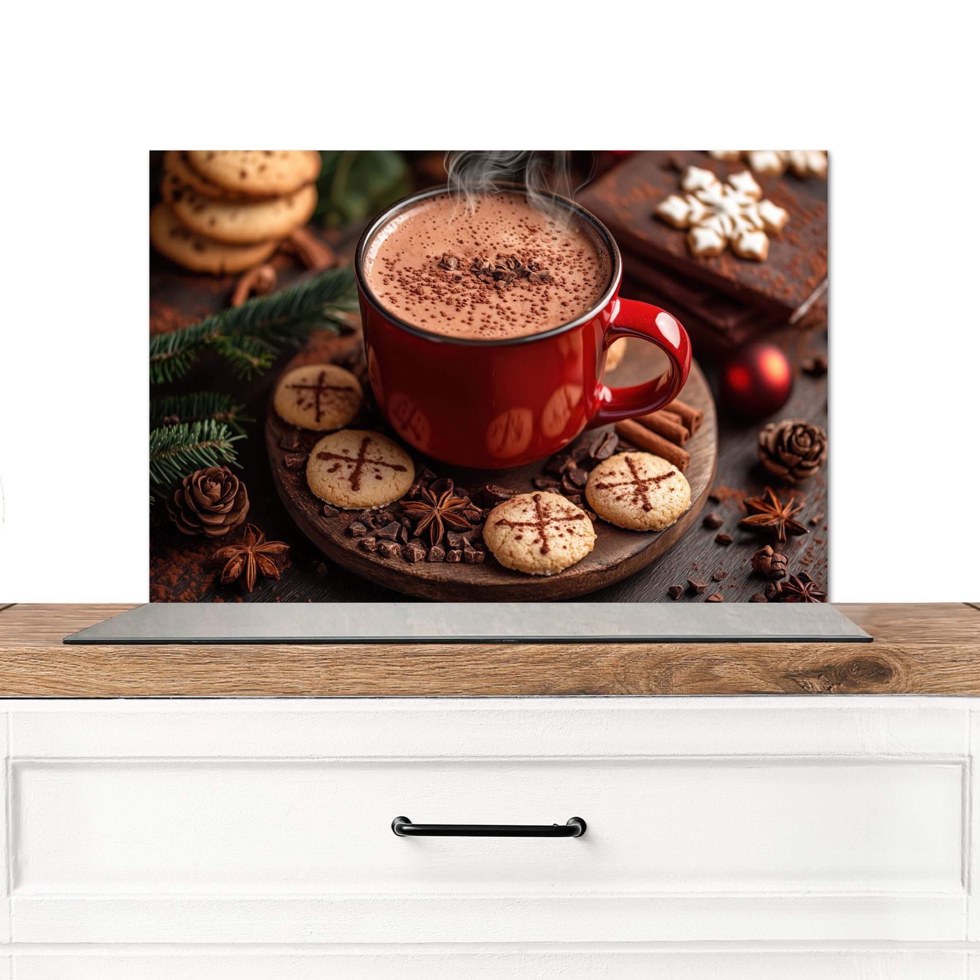 KitchenYeah Küchenrückwand Schokoladenmilch - Becher - Winter - Weihnachten - Gemütlichkeit, (1-tlg), Spritzschutz Küchenwand hinter Herd, 70x50 cm