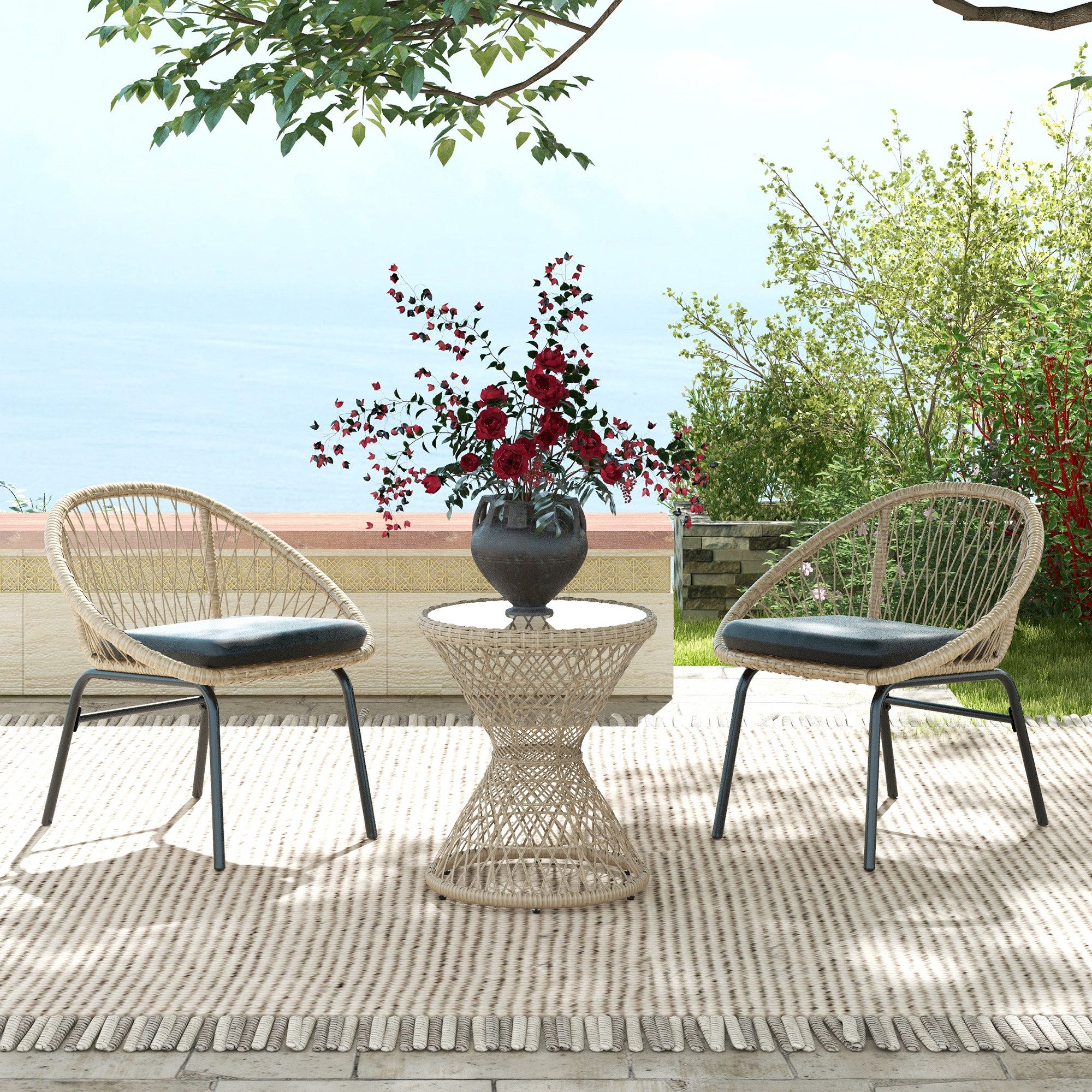 Outsunny Gartentisch Beistelltisch mit UV-Schutz, Balkontisch im Boho-Design (Rattan Kaffeetisch, 1-St., Garten Couchtisch), Braun, Ø45 × 52 cm