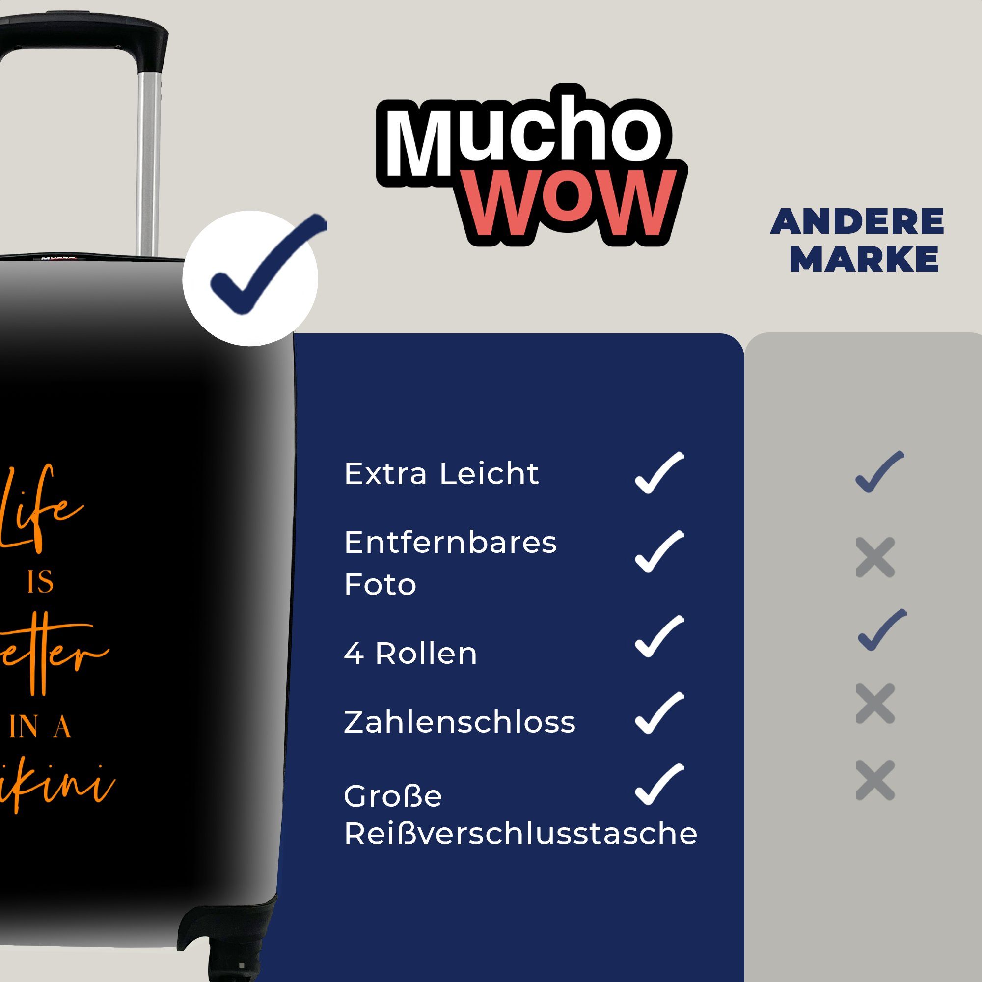 - Leben Das Orange, Bikini Rollen, 4 Schwarz mit Ferien, ist Reisetasche Zitat - Trolley, Reisekoffer im besser Handgepäck Handgepäckkoffer für rollen, MuchoWow -