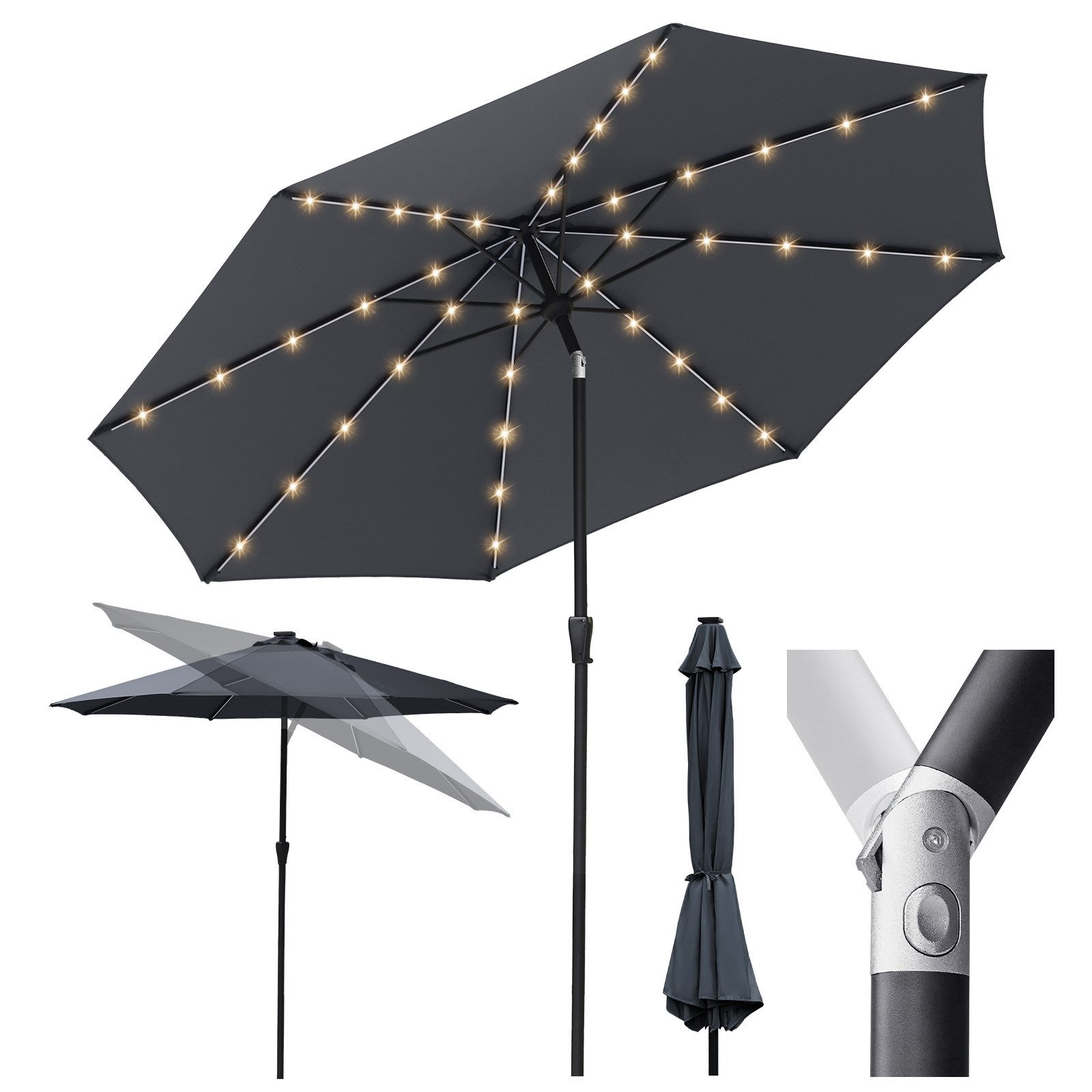 Sekey Sonnenschirm 330cm Alu Gartenschirm 8-eckiger Marktschirm mit Kurbel, LxB: 330x330 cm, mit/ohne LED-Lichtern, für Balkon Garten, UV 50+