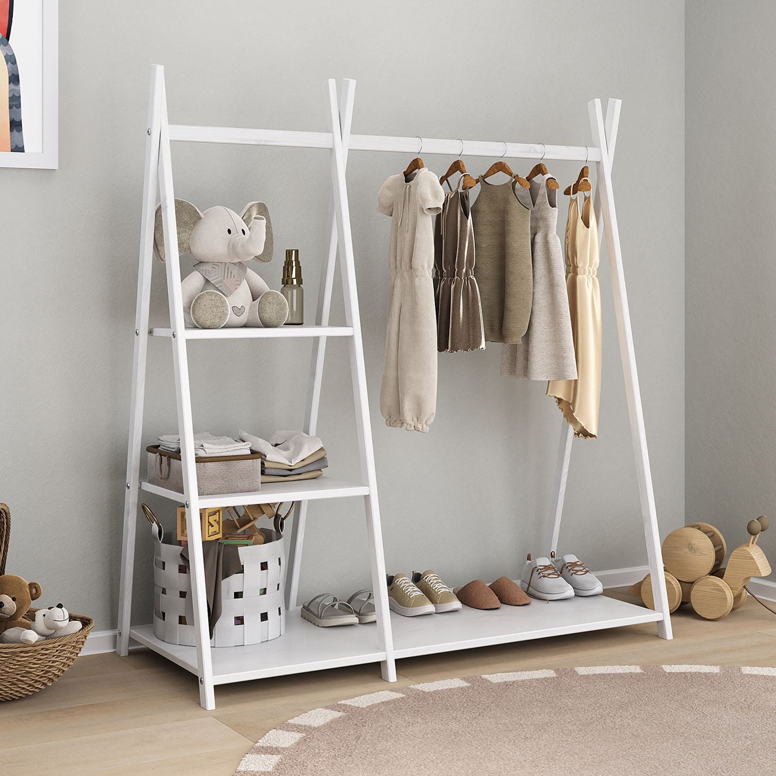 IDIMEX Kinderkleiderschrank LOTTE Kinderzimmer Garderobe mit 4 Ablageböden günstig online kaufen