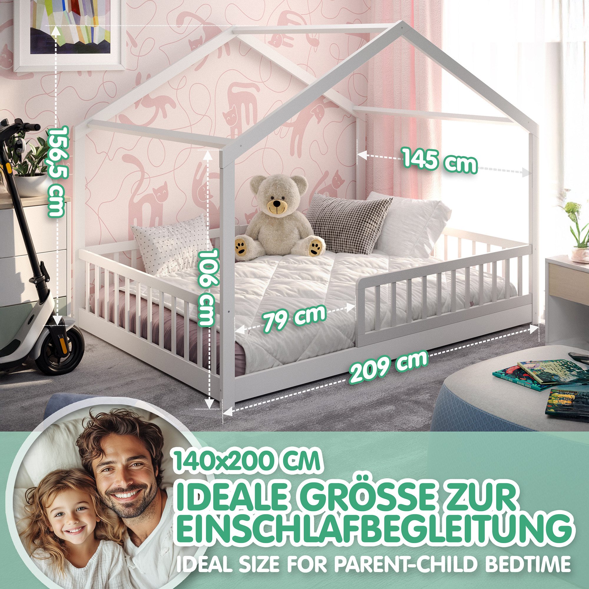 CADANI Kinderbett Malte Hausbett Bodenbett Rausfallschutz abnehmbar bis 200 kg belastbar (140x200 cm, Montessori Kinder- & Jugendbett aus Kiefer Massivholz), in – Bild 4 von 5