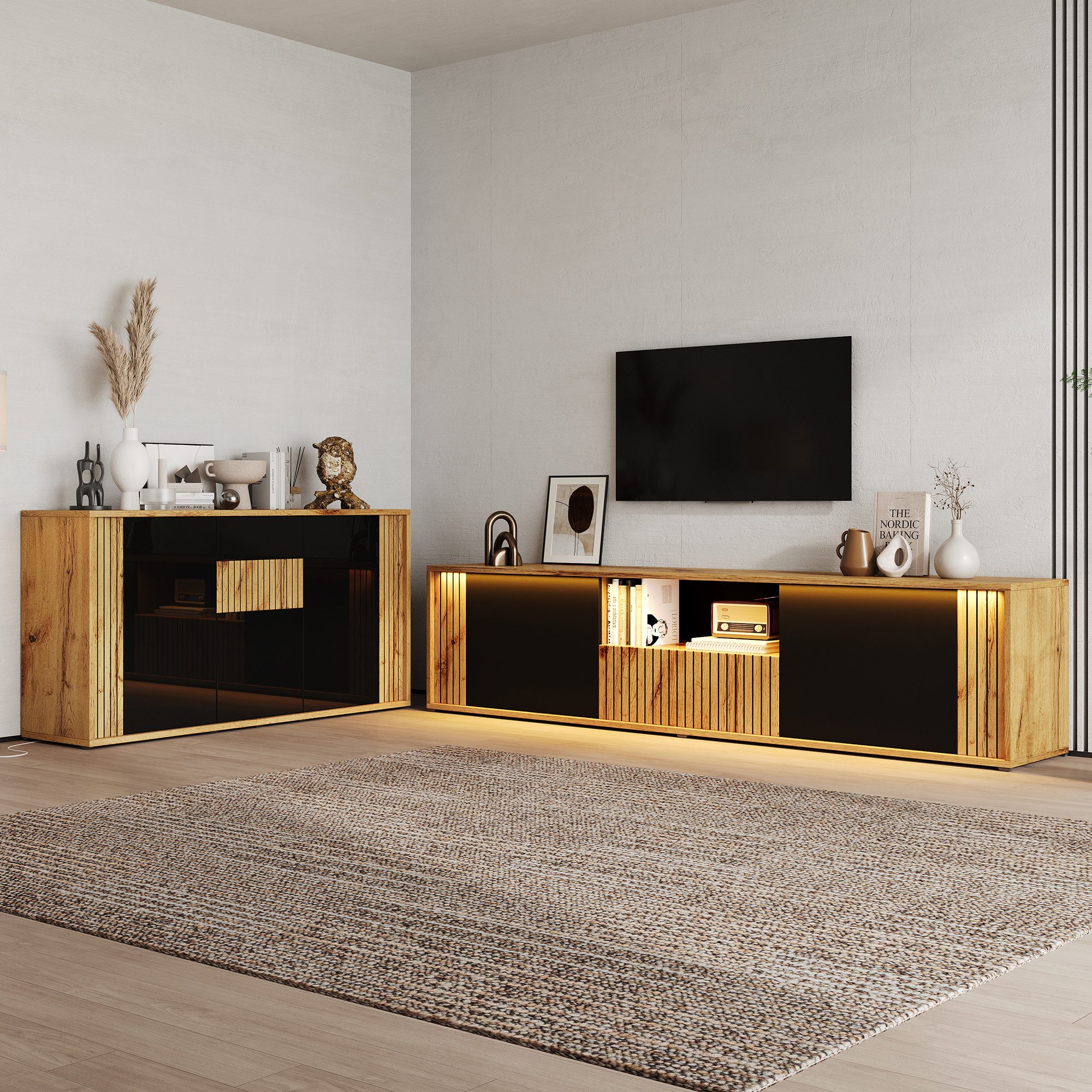 CARPAT SPORT Lowboard TV‑Lowboard 180×40×51cm mit LED‑Beleuchtung für 75 Zoll (Fernsehschrank mit 2 Türen, 1 Schublade und offenen Fächern), Modernes TV‑Board in Weiß‑Holz und Schwarz für Wohnzimmer
