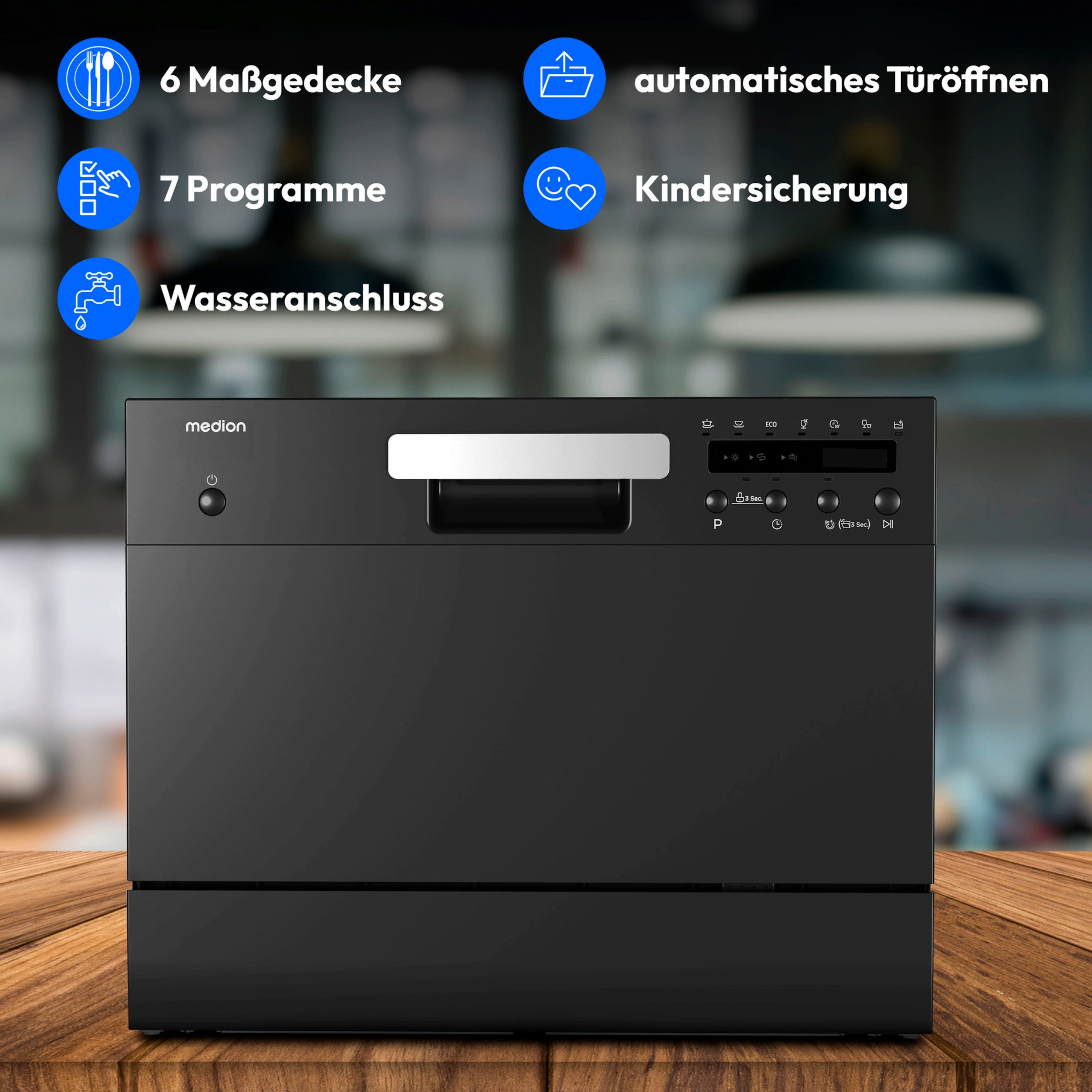 Medion® Tischgeschirrspüler MD37496, 6 Maßgedecke, mit/ohne Wasseranschluss, 7 Reinigungsprogramme, freistehend, schwarz