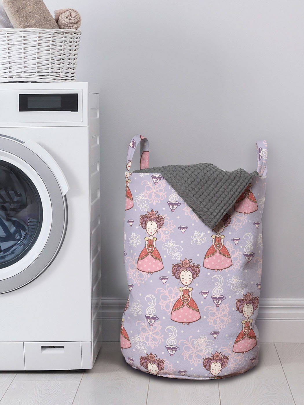 Floral für Waschsalons, Abakuhaus Prinzessin mit Teacups Wäschesäckchen Wäschekorb Kordelzugverschluss Mädchen mit Griffen