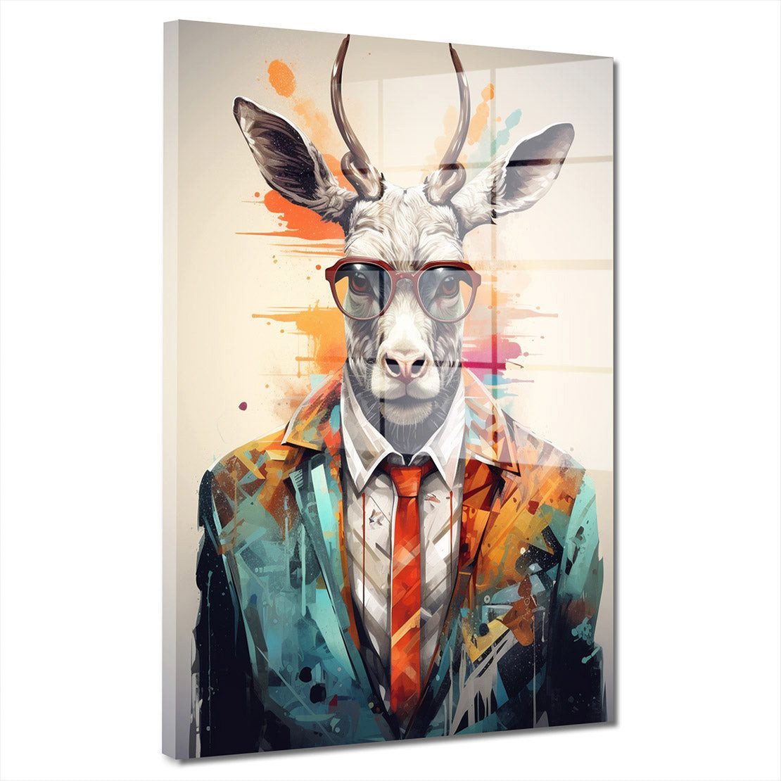 Artedinoi Acrylglasbild Pop Art Hirsch im Anzug und Brille Acrylglas Wandbild Bild Wanddeko Wo
