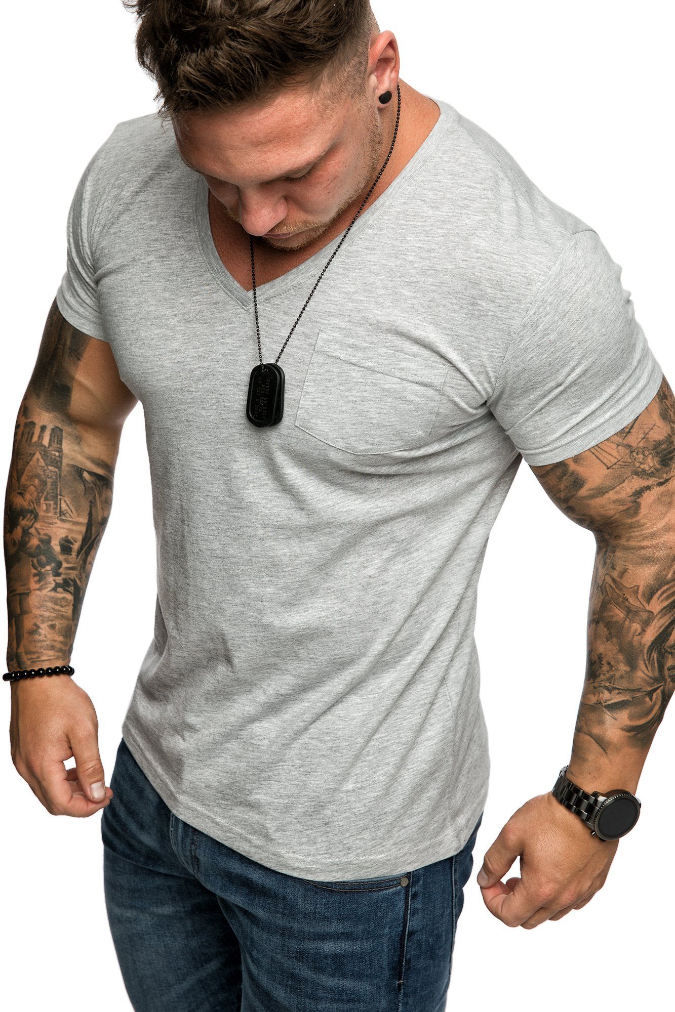 Amaci&Sons T-Shirt PATERSON Basic Oversize T-Shirt mit V-Ausschnitt Herren Vintage Basic Shirt mit V-Ausschnitt und Brusttasche Grau Melange