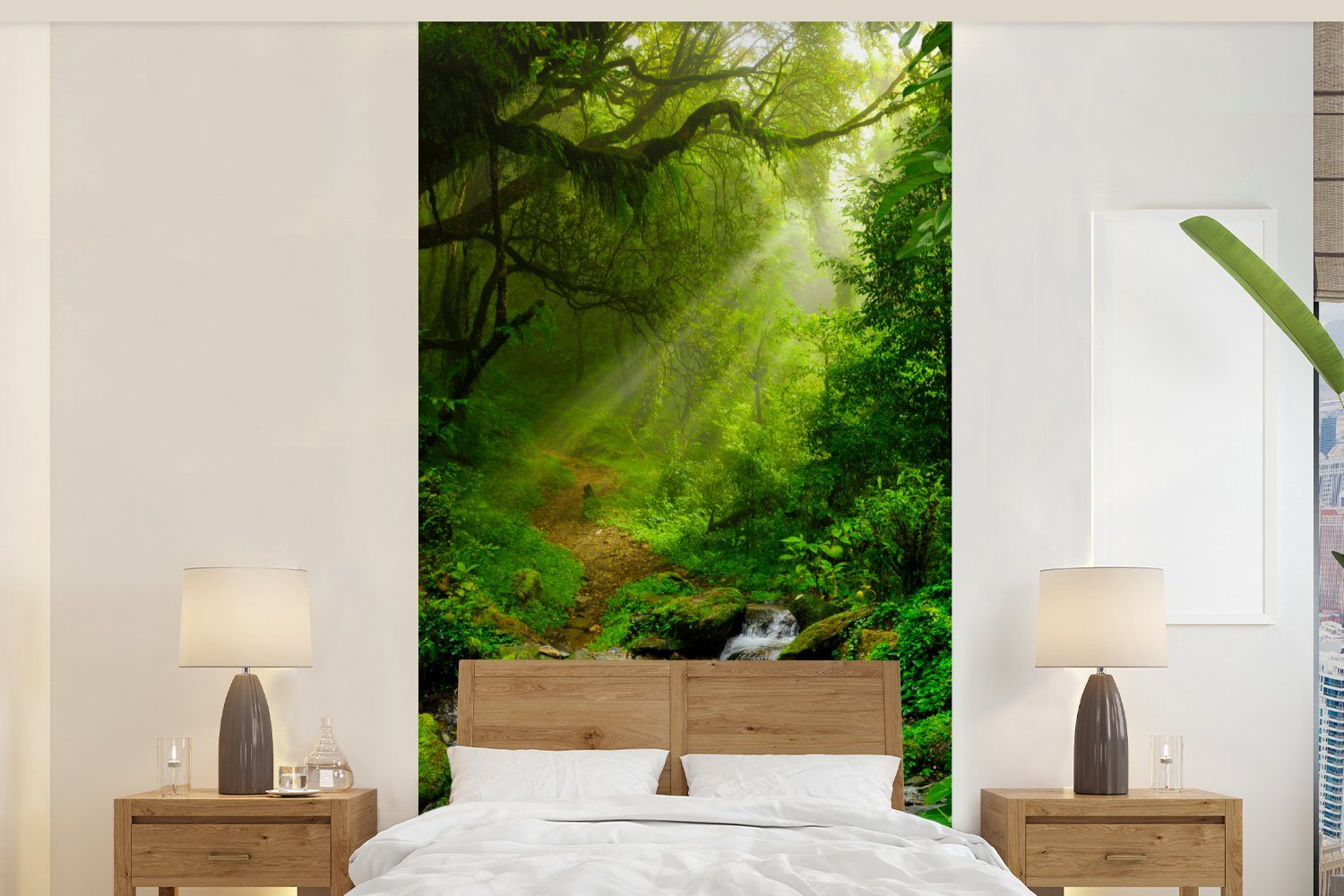 MuchoWow Fototapete Dschungel - Wasser - Laub - Sonne - Natur, Matt, bedruckt, (2 St), Vliestapete für Wohnzimmer Schlafzimmer Küche, Fototapete