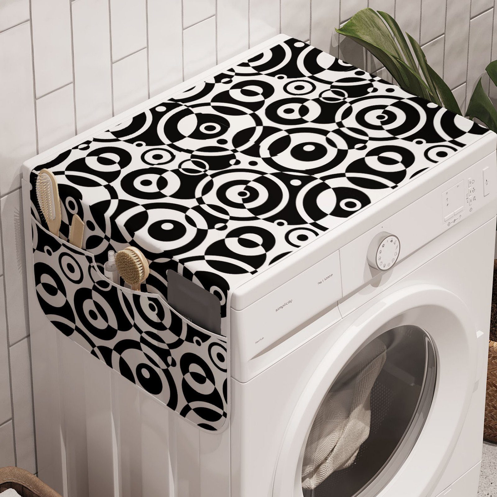 Abakuhaus Badorganizer Anti-Rutsch-Stoffabdeckung für Waschmaschine und Trockner, Schwarz und weiß Kreis und Punkte