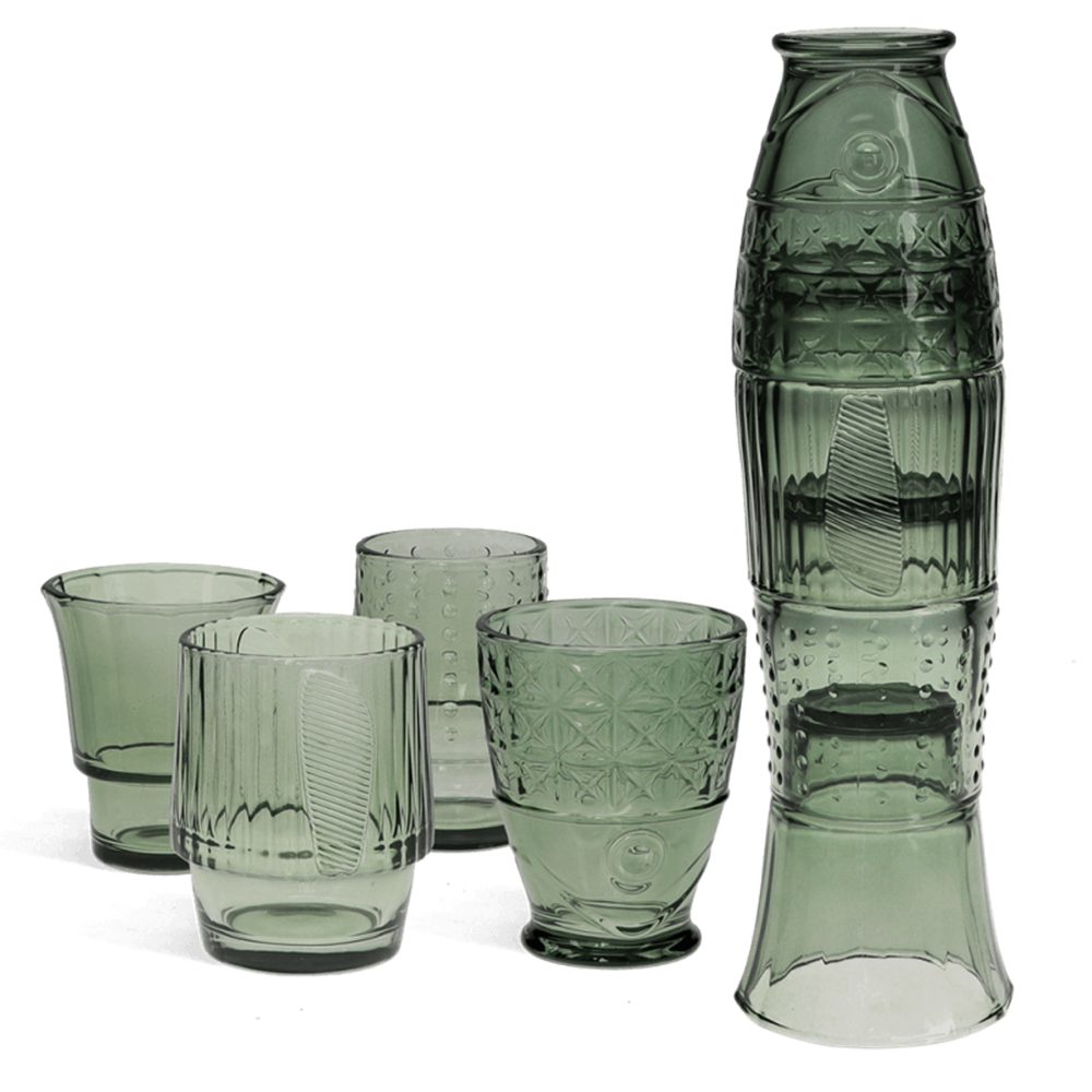 Rex London Glas Stapelbare Gläser Grüner Fisch, 4-tlg., Glas, ca. Ø 7,6 x 26,3 cm (komplett)