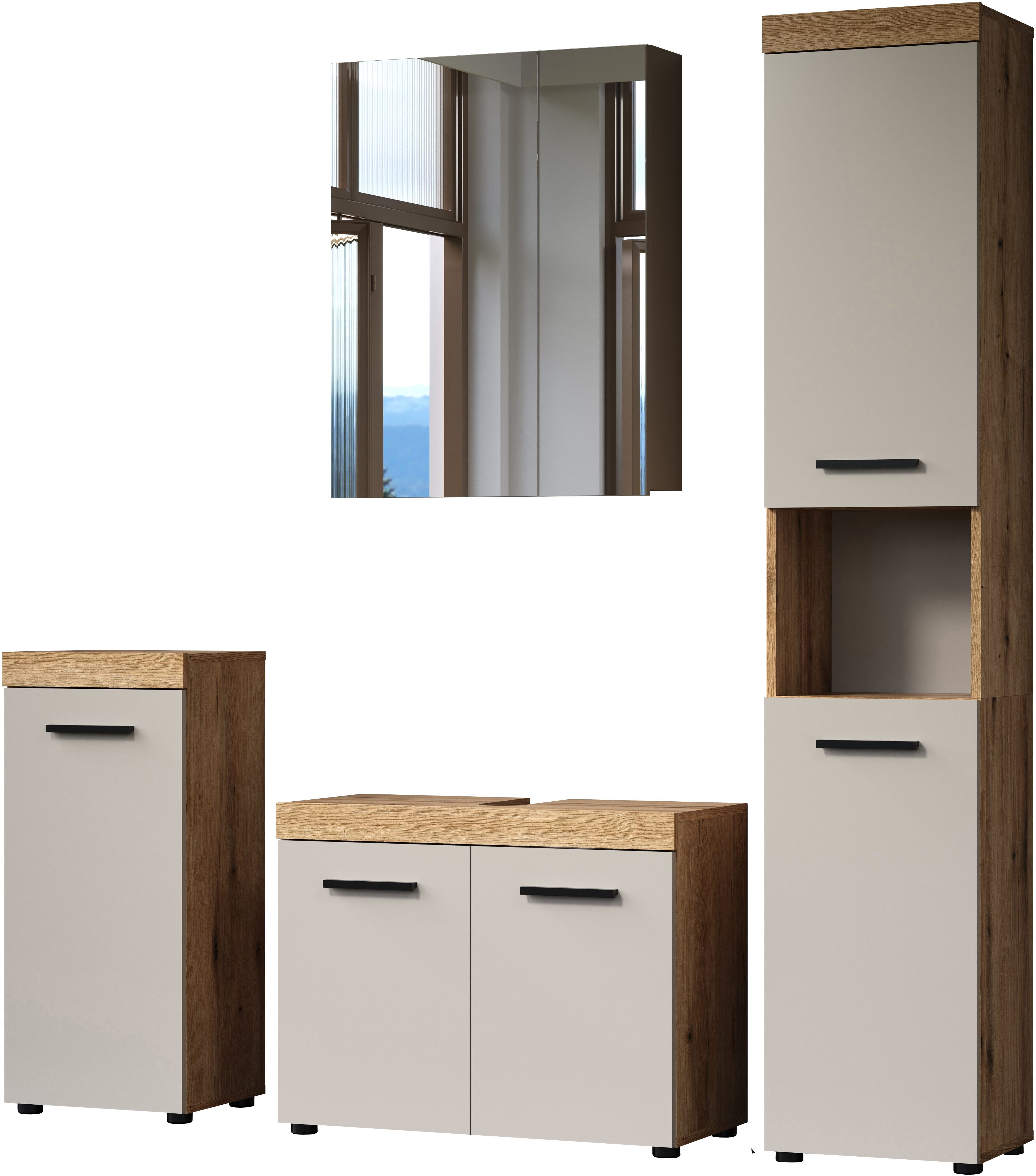 welltime Badmöbel-Set Isera, (4-St), Set mit Hochschrank, Waschbeckenunterschrank, Standtyp, Spiegelschrank