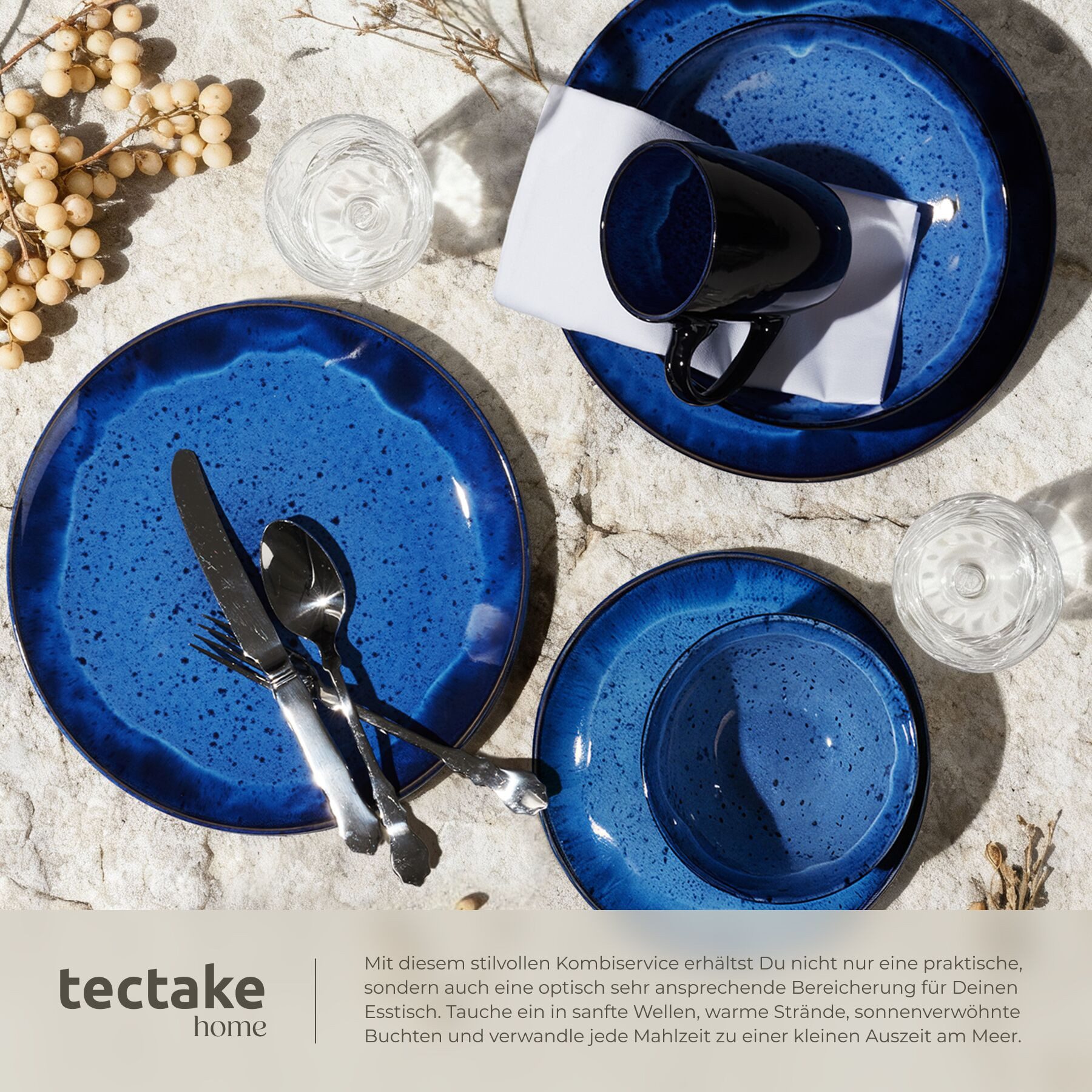 tectake Geschirr-Set Tafelservice aus Steingut für 6 Personen, ineinander stapelbar (30-tlg), 6 Personen, Steingut, handgefertigt, mit Glasur, spülmaschinen- un – Bild 5 von 5