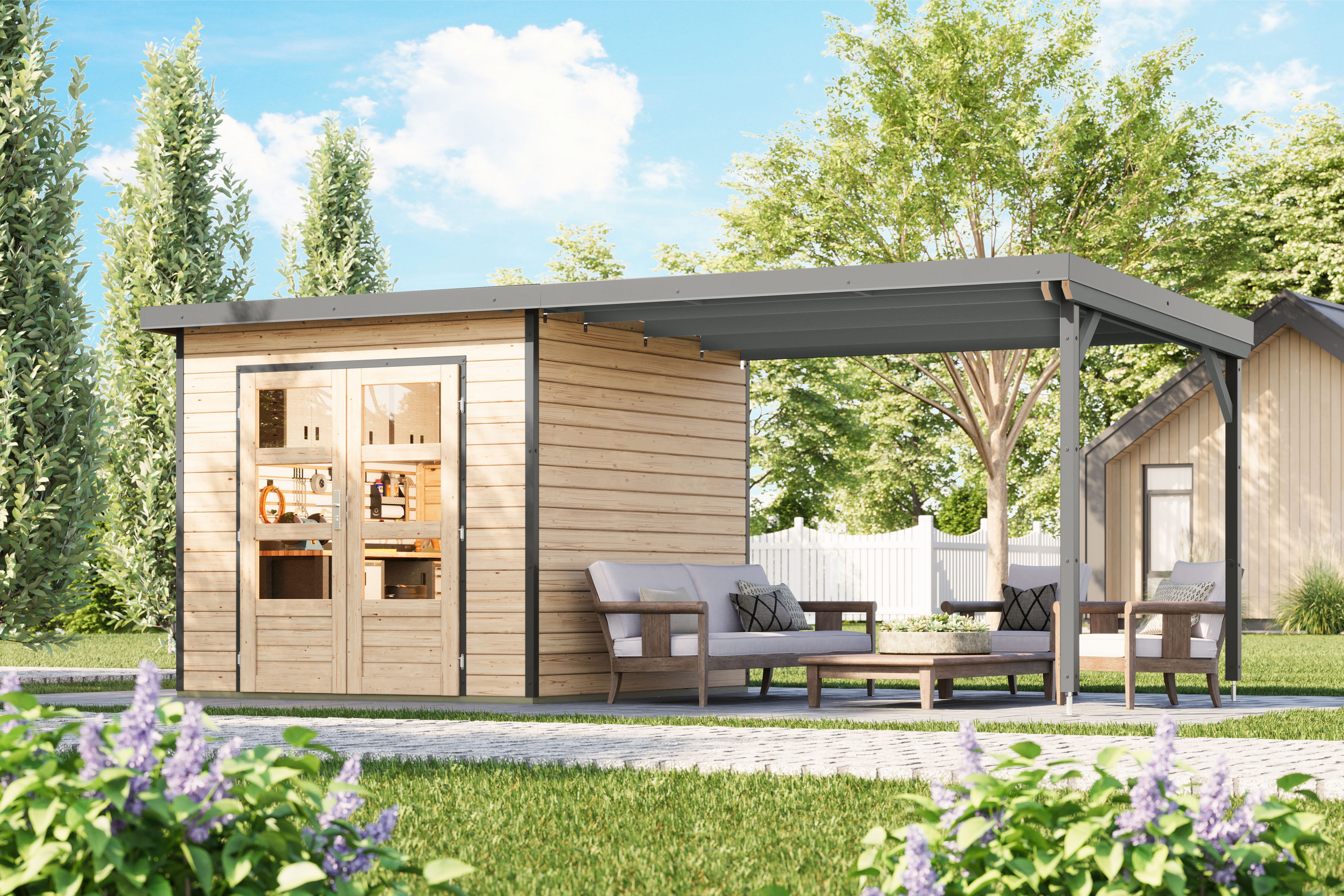 Karibu Gartenhaus Plutino 3 SET, in verschiedenen Farben, BxT: 561x266 cm, (Set), inkl. Anbaudach
