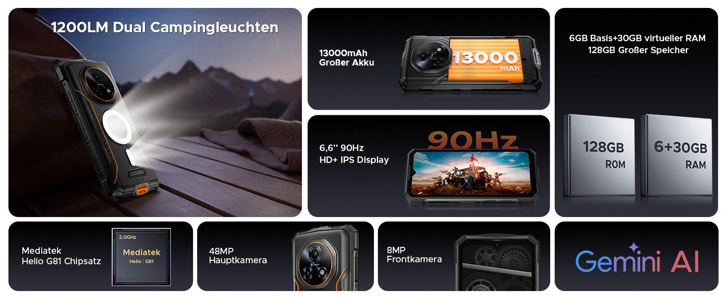 DOOGEE Robustes 4G Outdoor Smartphone FIRE5ULTRA 6+128GB Android 16 NFC Smartphone (16,66 cm/6,56 Zoll, 128 GB Speicherplatz, 48 MP Kamera, GPS-Ortung, 4G, WLAN, SOS, Videochat, IP68, Bluetooth)