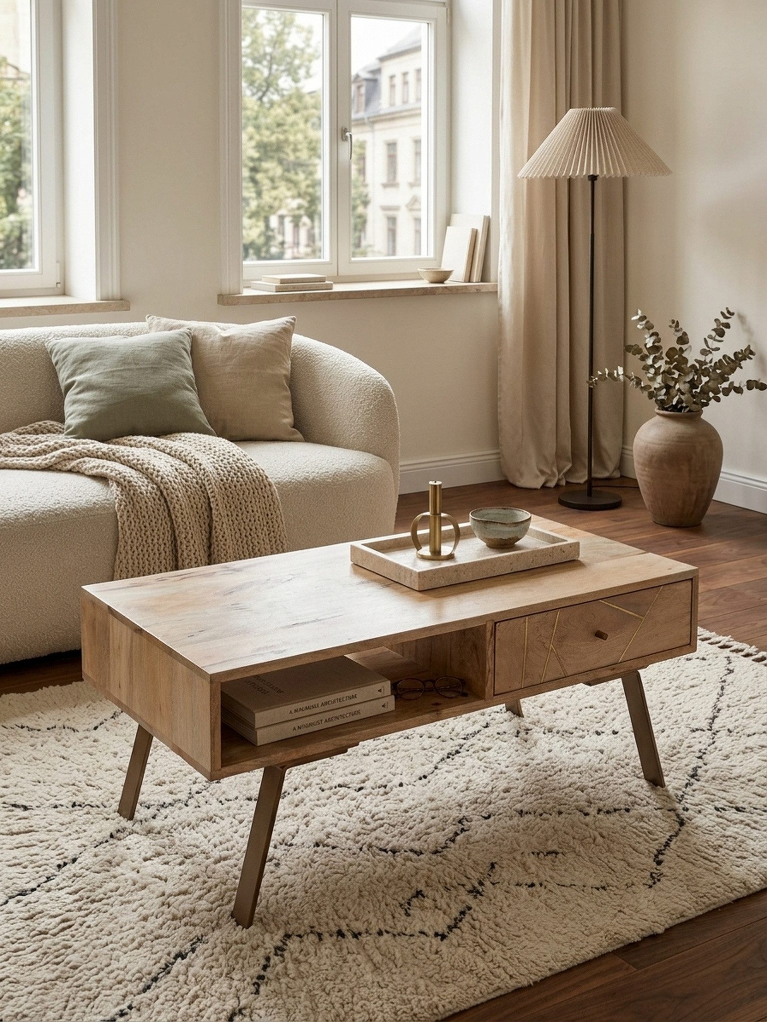 KADIMA DESIGN Couchtisch Couchtisch SIKAR 95x42x50cm Mango Massivholz / Metall Sofatisch, (Designer Holztisch Kaffeetisch Massiv, Tisch Wohnzimmer), Design Wohnzimmertisch mit Schublade, Stubentisch Landhaus Braun