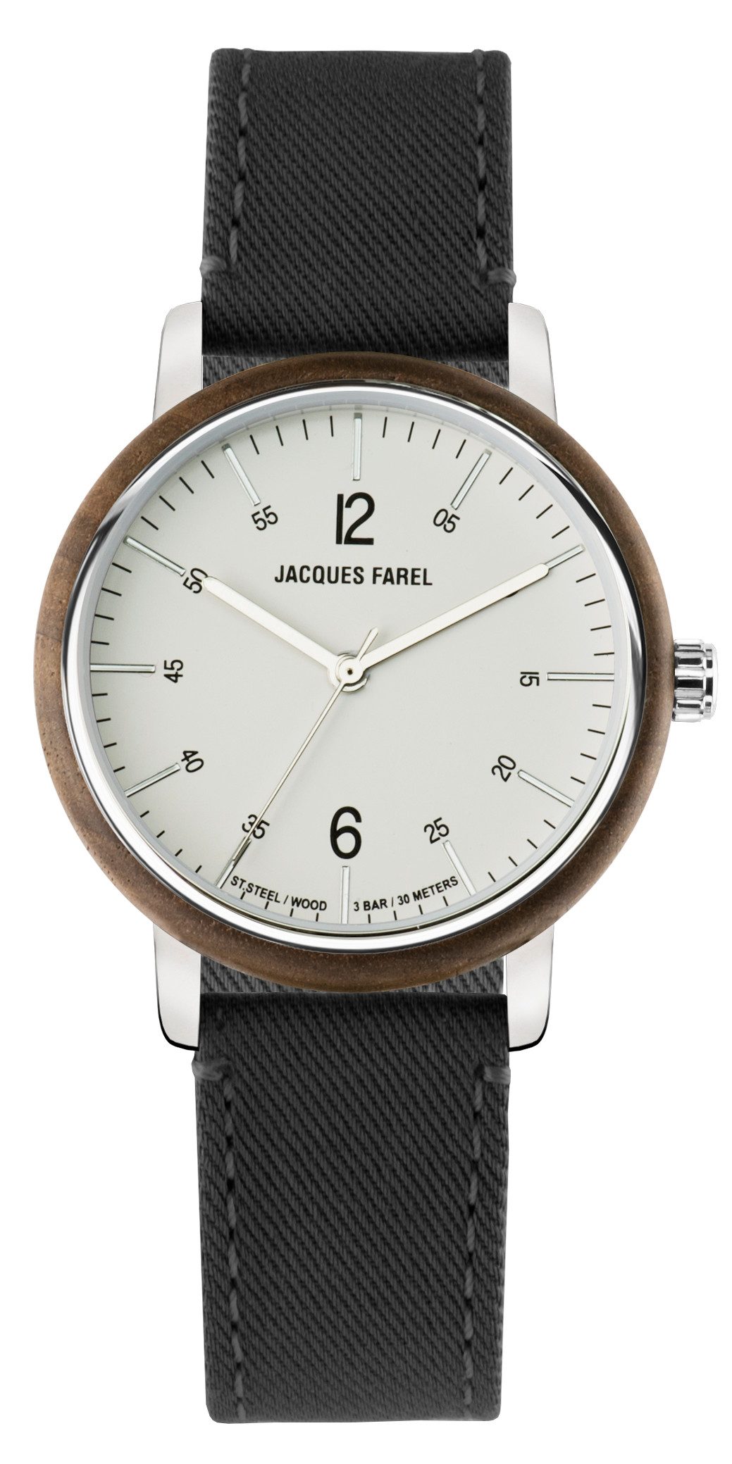 Jacques Farel Quarzuhr ORW1040 nachhaltige Damen Armbanduhr Stahlgehäuse Holzring Lyocellband 3 bar, Analog Schwarz Dunkelbraun ökologisch Geschenk Frauen Ø38 mm