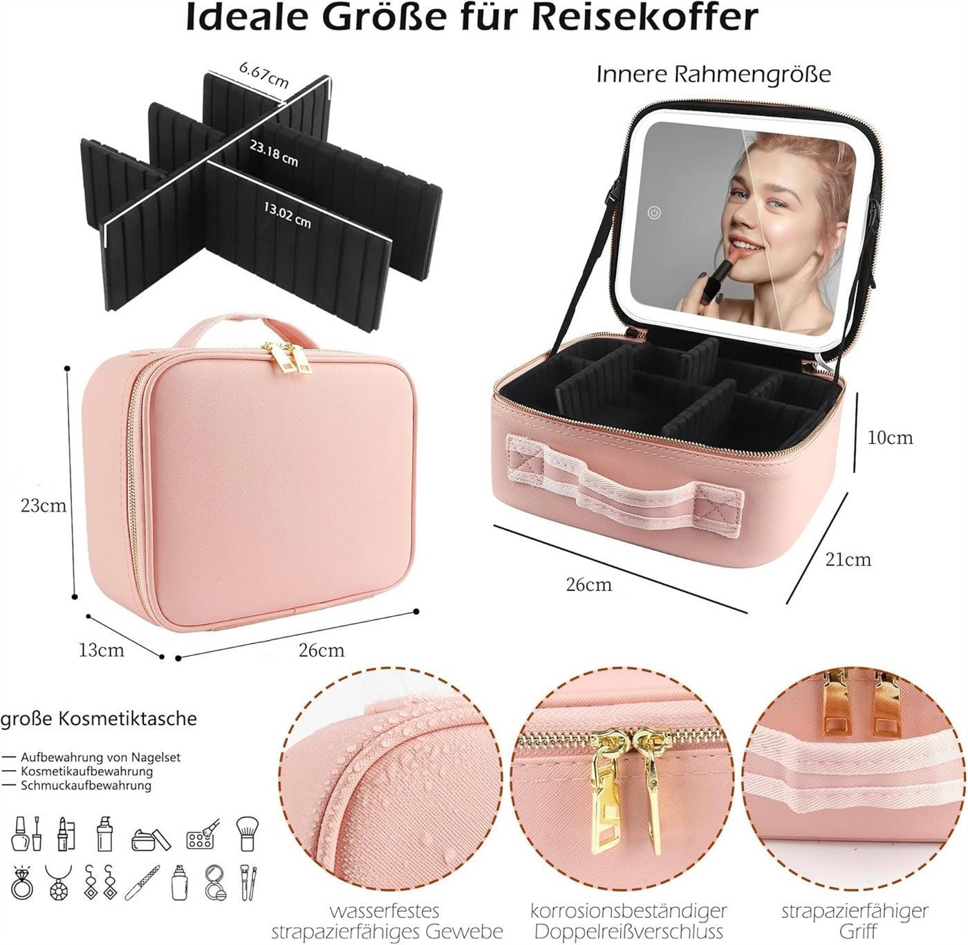 autolock Kosmetiktasche Make up Tasche,Kosmetiktasche mit LED Spiegel(3 Farbe)Schminktasche, Mit großer Pinselstauraum,USB-C Aufladung,Reisebox für Damen