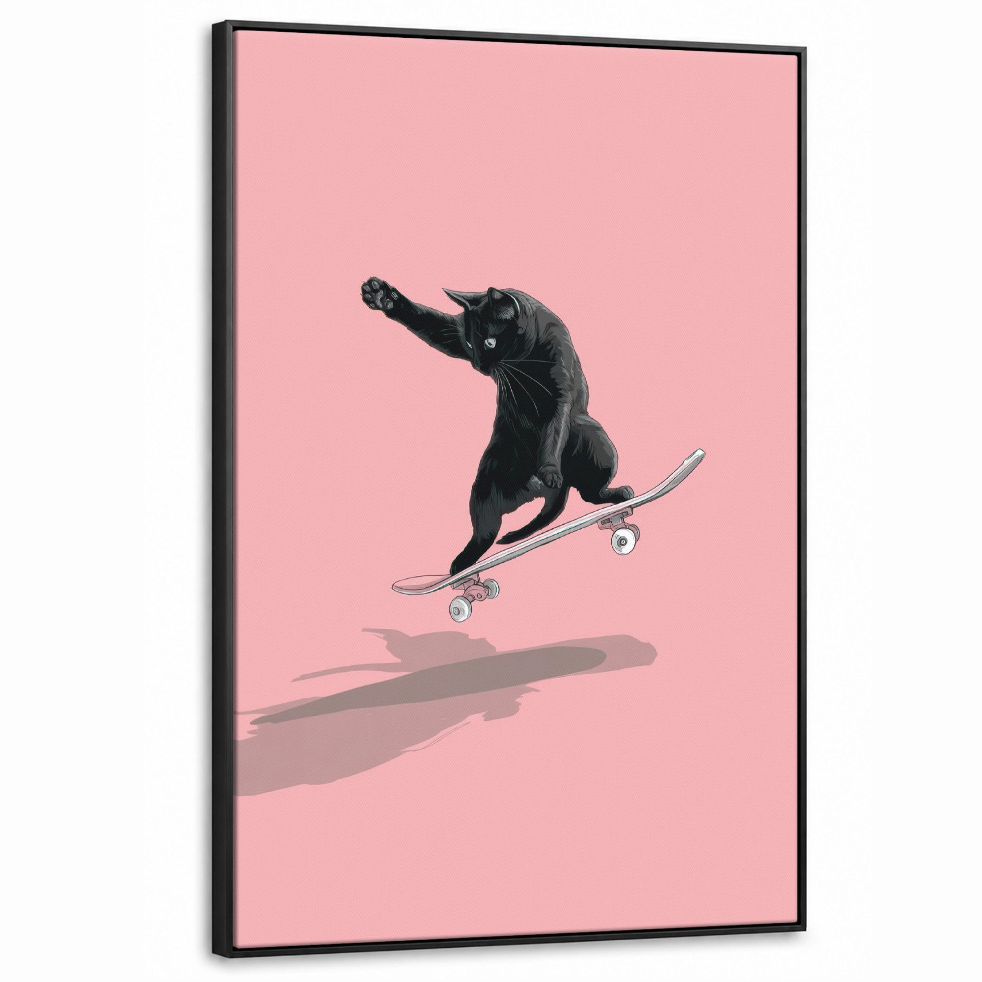 OneMillionCanvasses® Leinwandbild mit Rahmen - Katze - Skateboard - Rosa, Fotodruck (1 St), Leinwandbilder XXL Wohnzimmer, Deko Aesthetic 80x120cm