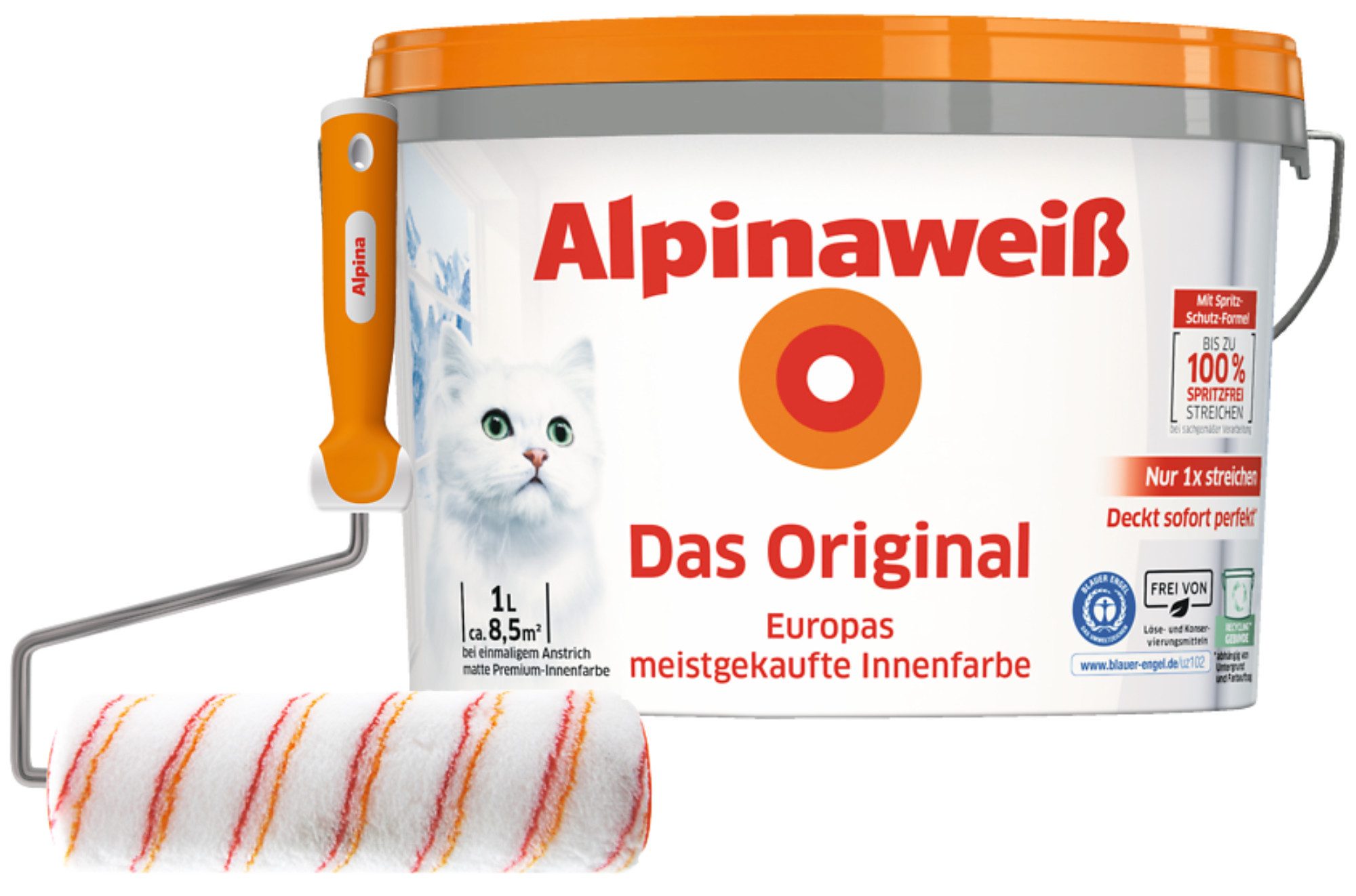 Alpina Wandfarbe - SET - Alpinaweiß Das Original + Spritz-Schutz Spezialroller