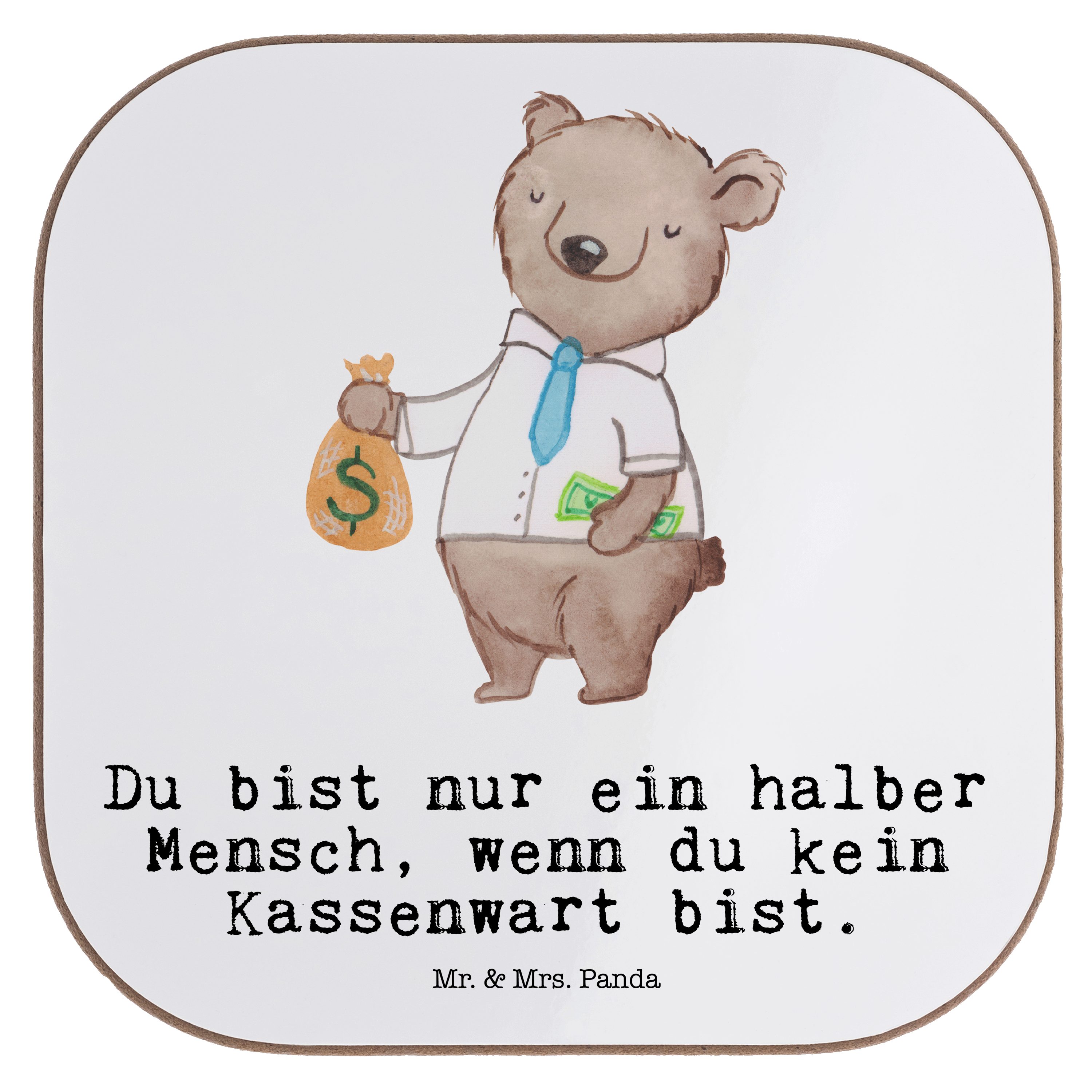 Mr. & Mrs. Panda Getränkeuntersetzer Kassenwart mit Herz - Weiß - Geschenk, Schenken, Untersetzer Gläser, 1-tlg.