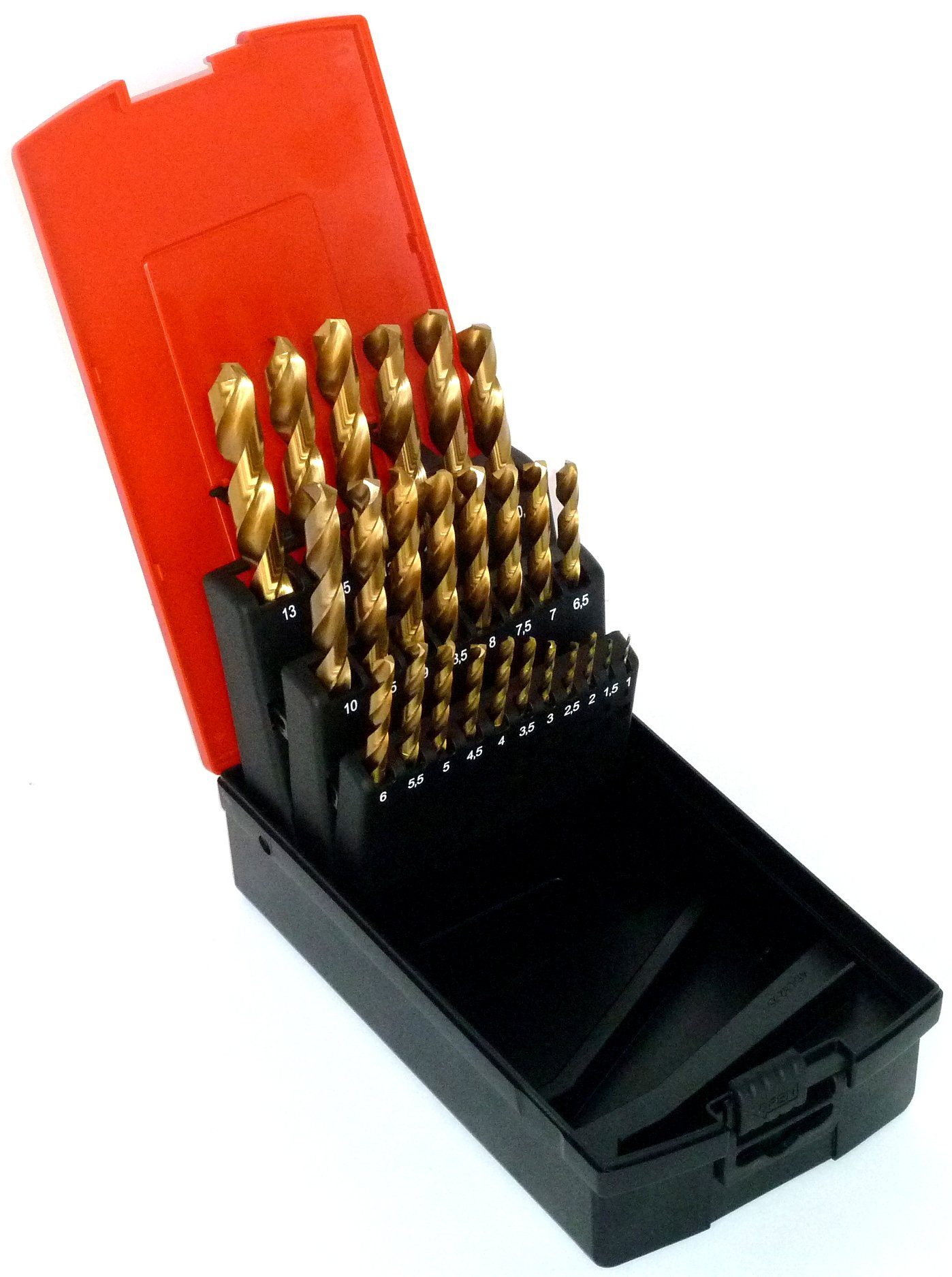 PeTools Metallbohrer 25tlg HSS-G Spiral-Bohrer (1-13mm) TiN (500), präzisionsgeschliffen, (25-tlg), HSS-G Qualität, titannitridbeschichtet, Kreuzanschliff nach DIN1412C