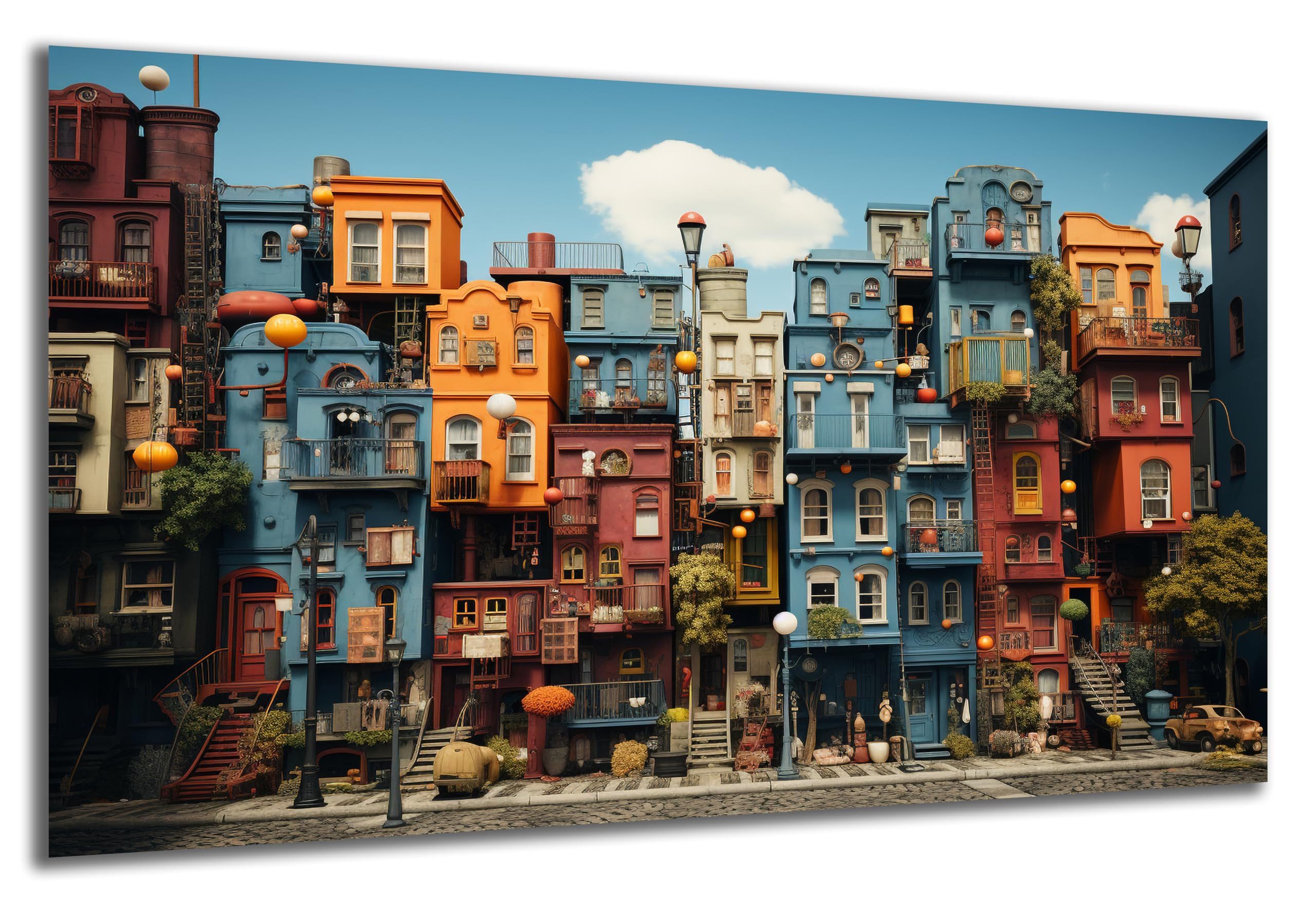 DARO Design Wandbild Weltstädte Skyline Wandbilder Wand Deko Bilder Leinwandbild, (Bunte Häuser - Bild klein Wohnzimmer Büro Flur Schlafzimmer Esszimmer Einteilig Querformat Fotodruck Weltstädte-Skyline), 30x20 cm