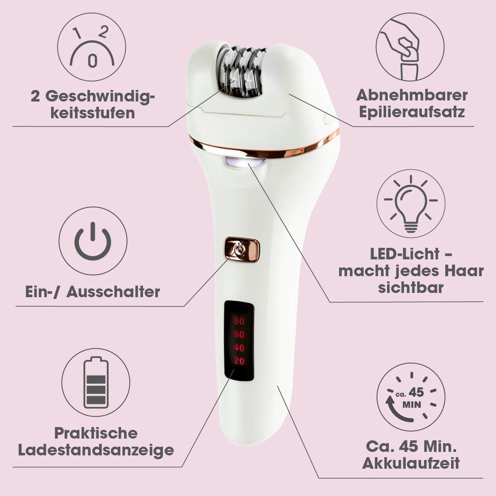 VITALmaxx Epilierer Epilierer "Perfect Beauty" Mit LED-Licht und Akkubetrieb, Haarentfernung für seidig glatte Haut an Beinen Armen Bikinizone
