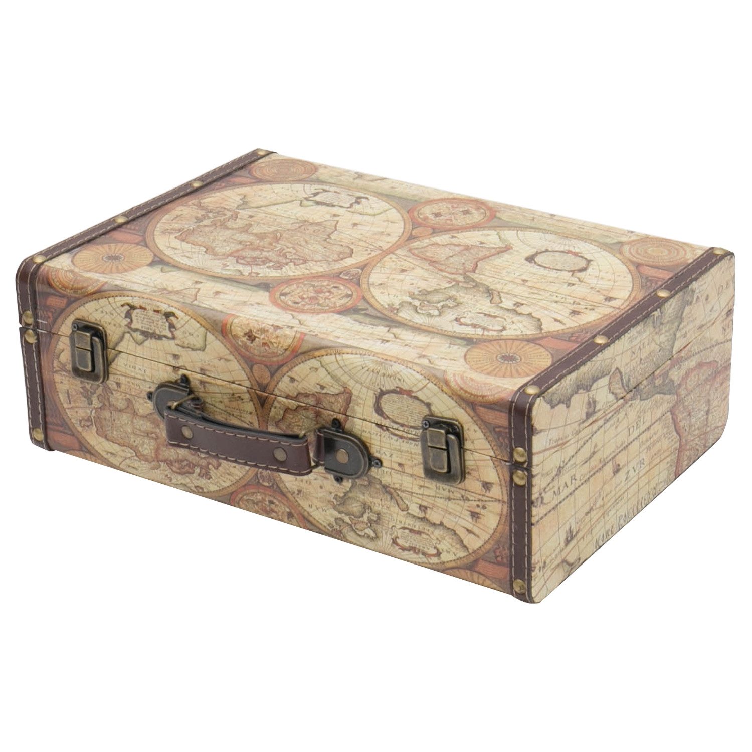 HMF Aufbewahrungsbox Handgefertigter Vintage Koffer aus Holz, Deko Koffer, Geschenkkoffer im Weltkarten Design, 38 x 26 x 13 cm