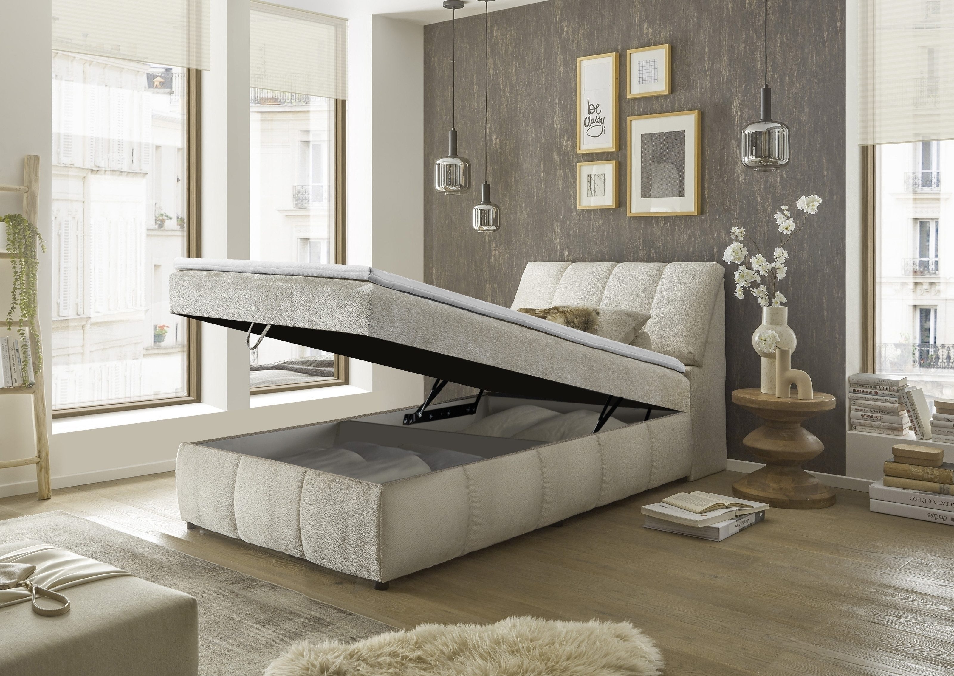 Black Red White Boxspringbett Stauraum, inkl. Topper, Ivory cream, 120x200cm - 123x105x240cm (BxHxT)