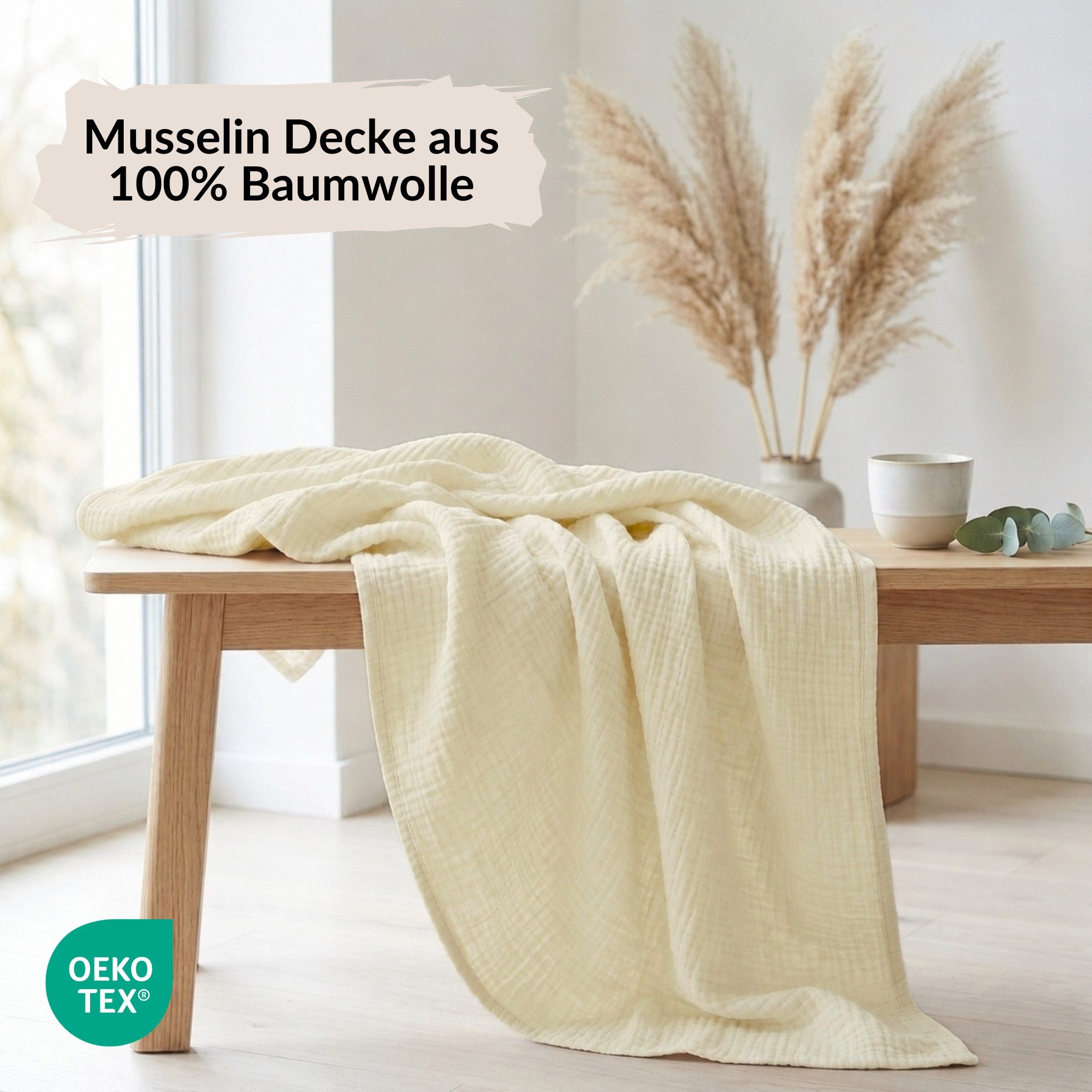 Wohndecke Musselin Decke 150 x 200 100% Baumwolle Kuscheldecke Tagesdecke Plaid, Carpe Sonno, Leichte Musselindecke für Sofa Couch Wohnzimmer Creme