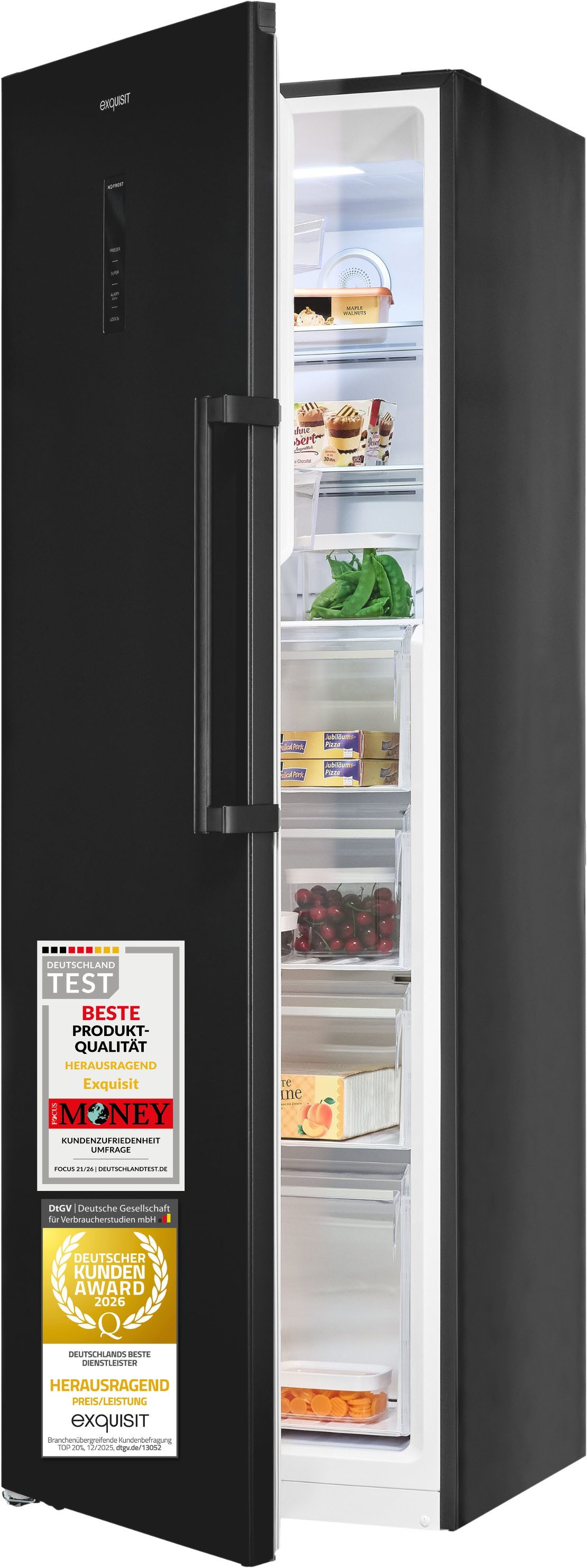 exquisit Gefrierschrank GS295-NF-H-040C inoxlook-az, 185 cm hoch, 60 cm breit, Viel Platz, starke Gefrierleistung & No Frost für eisfreies Gefrieren