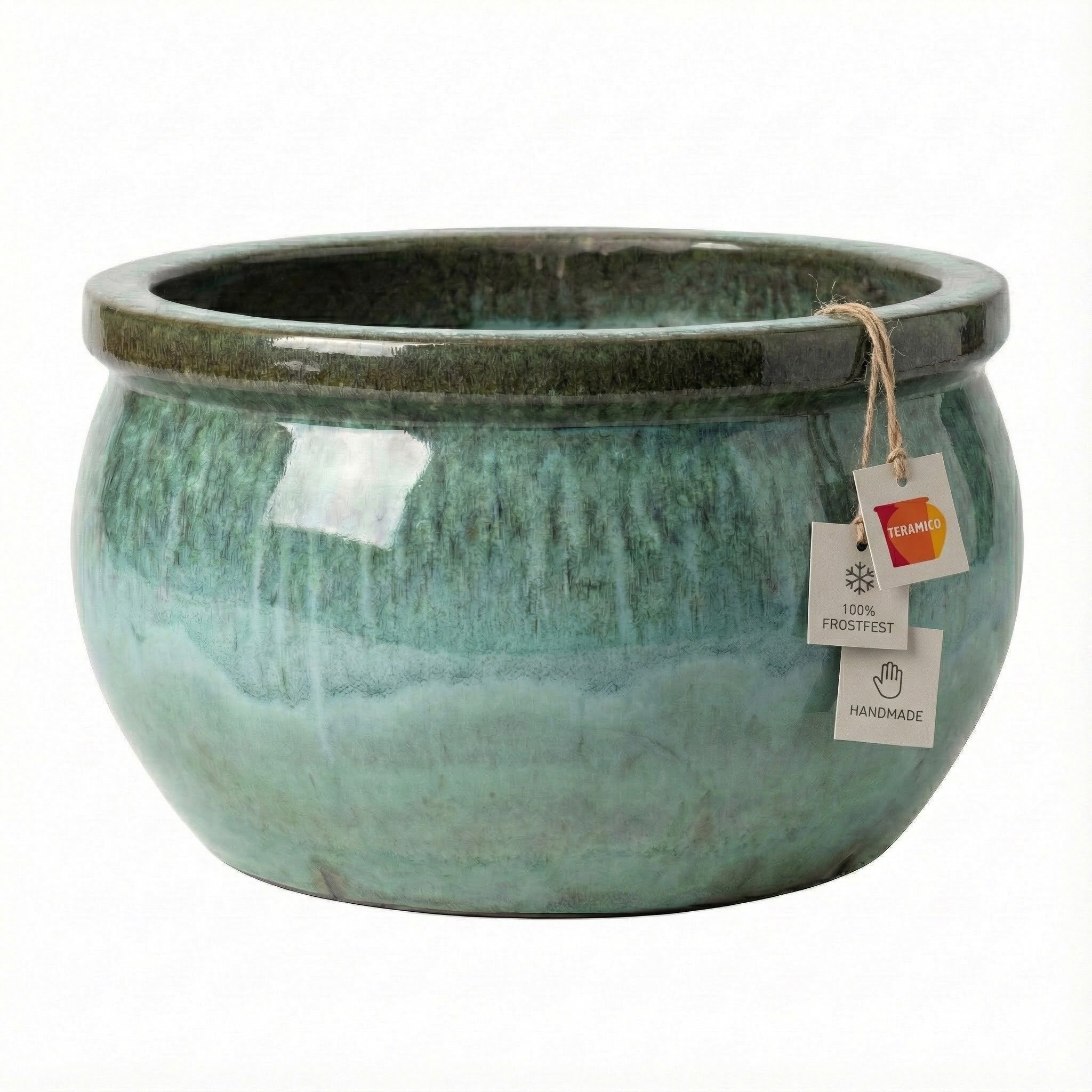 Teramico Pflanzkübel Pflanzschale flach "Moosgrün" – Ø 24 bis 49 cm – Massives Steinzeug, 100% Frostfest