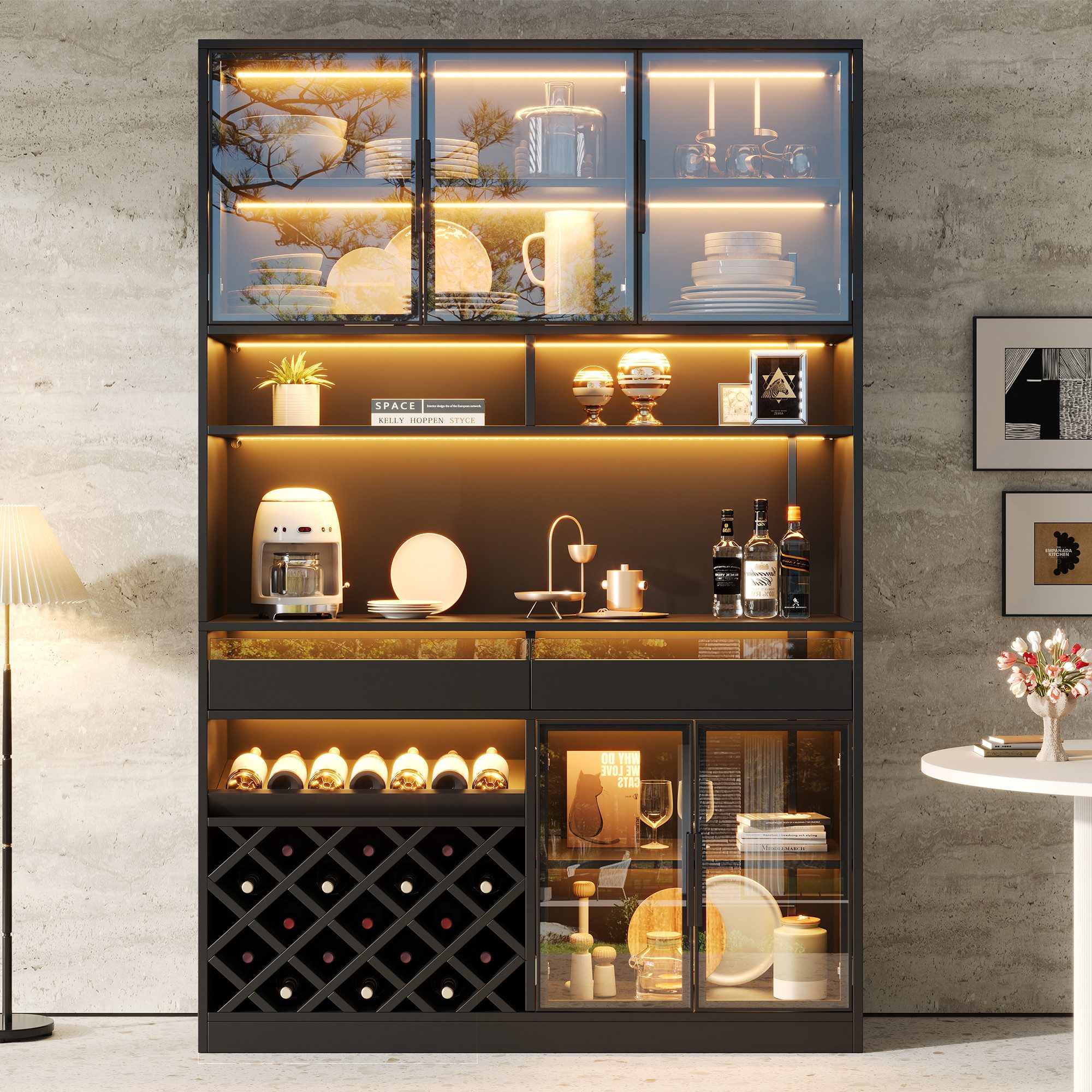 Flieks Küchenbuffet Hochschrank Glasvitrine mit LED-Beleuchtung, 5 Glastüren, Weinregal (B120×T38×H200 cm, 1-St) Multifunktionsschrank Küchenschrank Vitrine Wohnzimmer Schwarz