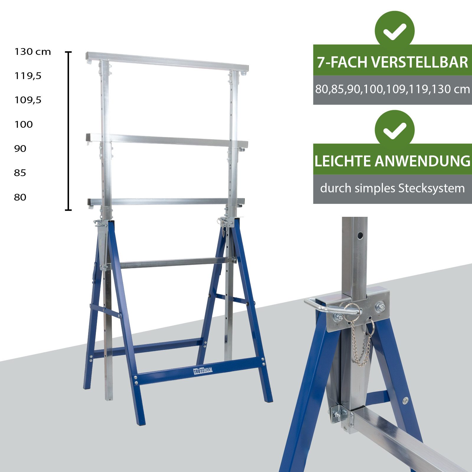 TRUTZHOLM Unterstellbock 2x Arbeitsbock 7-fach höhenverstellbar bis 400 kg Stahl verzinkt, 400 kg max. Belastbarkeit, (2-St., 2er-Set), Klappbar,höhenverstellbar 80–130 cm,verzinkter Stahl,hohe Stabilität