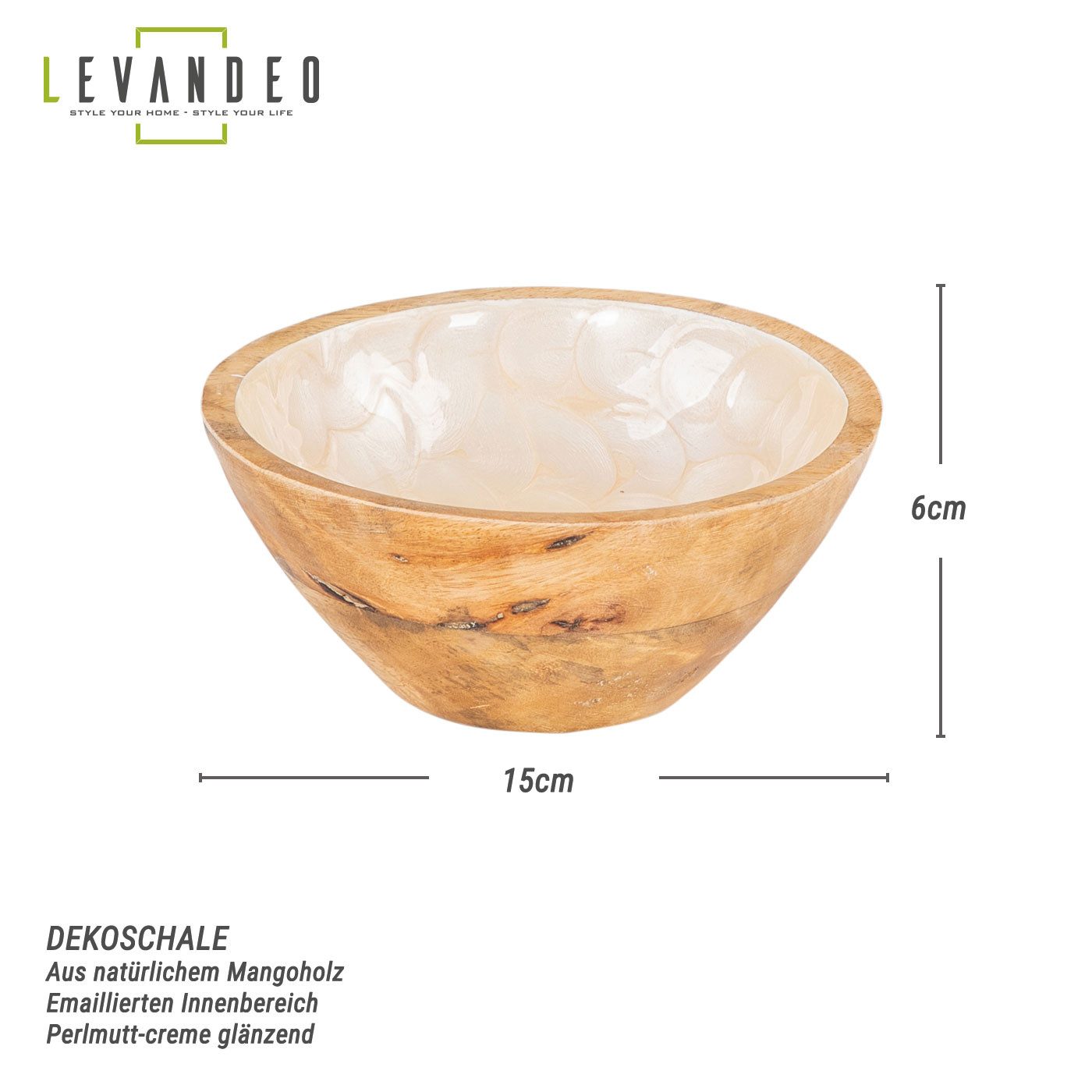 Levandeo® Dekoschale, Schüssel 15cm Mango Holz Creme Perlmutt Emaille Schal günstig online kaufen