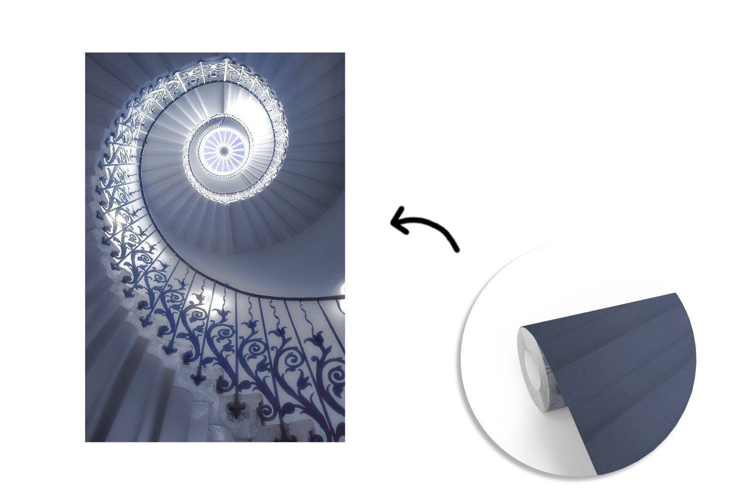 Treppe Wohnzimmer, Vinyl bedruckt, Montagefertig Spirale, Architektur Fototapete Tapete Matt, St), MuchoWow Wandtapete (3 für - -