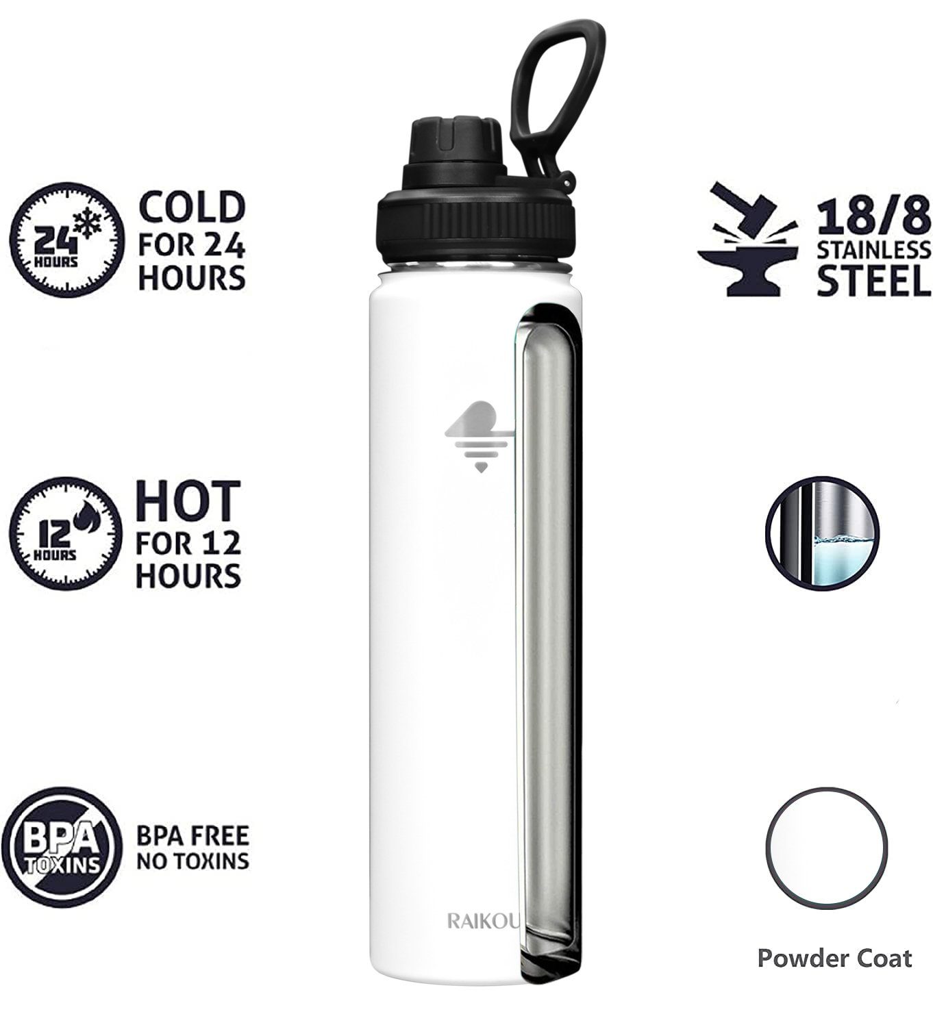 RAIKOU Isolierflasche Trinkflasche Vakuumisolierte Wasserflasche Auslaufsichere Deckel Sportflasche, 2 Weiß mit