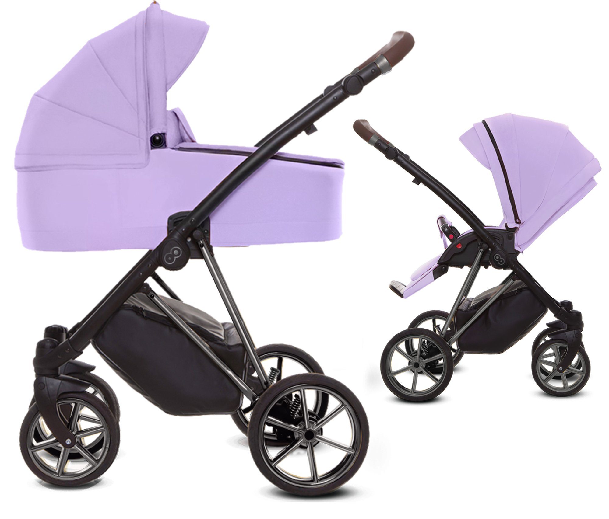 TPFFamily Kombi-Kinderwagen 2in1 Musse Ultra, Baby Buggy Babywanne 5-Punkt-Sicherheitsgurt, großes Zubehör-Set Kinderwagen 2 in 1 Stoff Lila, Gestell Grau