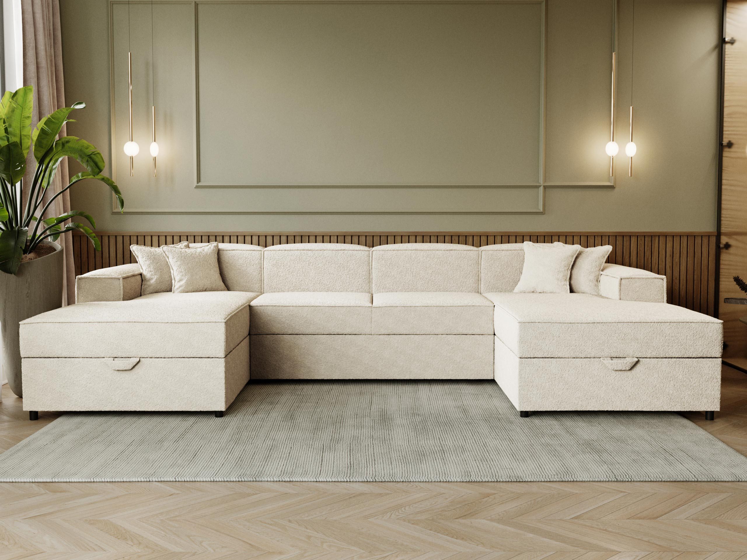 MIRJAN24 Wohnlandschaft Santos U Boucle, mit zwei Bettkästen und Schlaffunktion, Ausziehautomatik Delfin