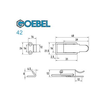 GOEBEL GmbH Kastenriegelschloss 5543000042, (100 x Spannverschluss 42 kleines Kappenschloss, 100-tlg., Kistenverschluss - Kofferverschluss - Hebel Verschluss), gerader Grundtplatte inkl. Gegenhaken Stahl verzinkt